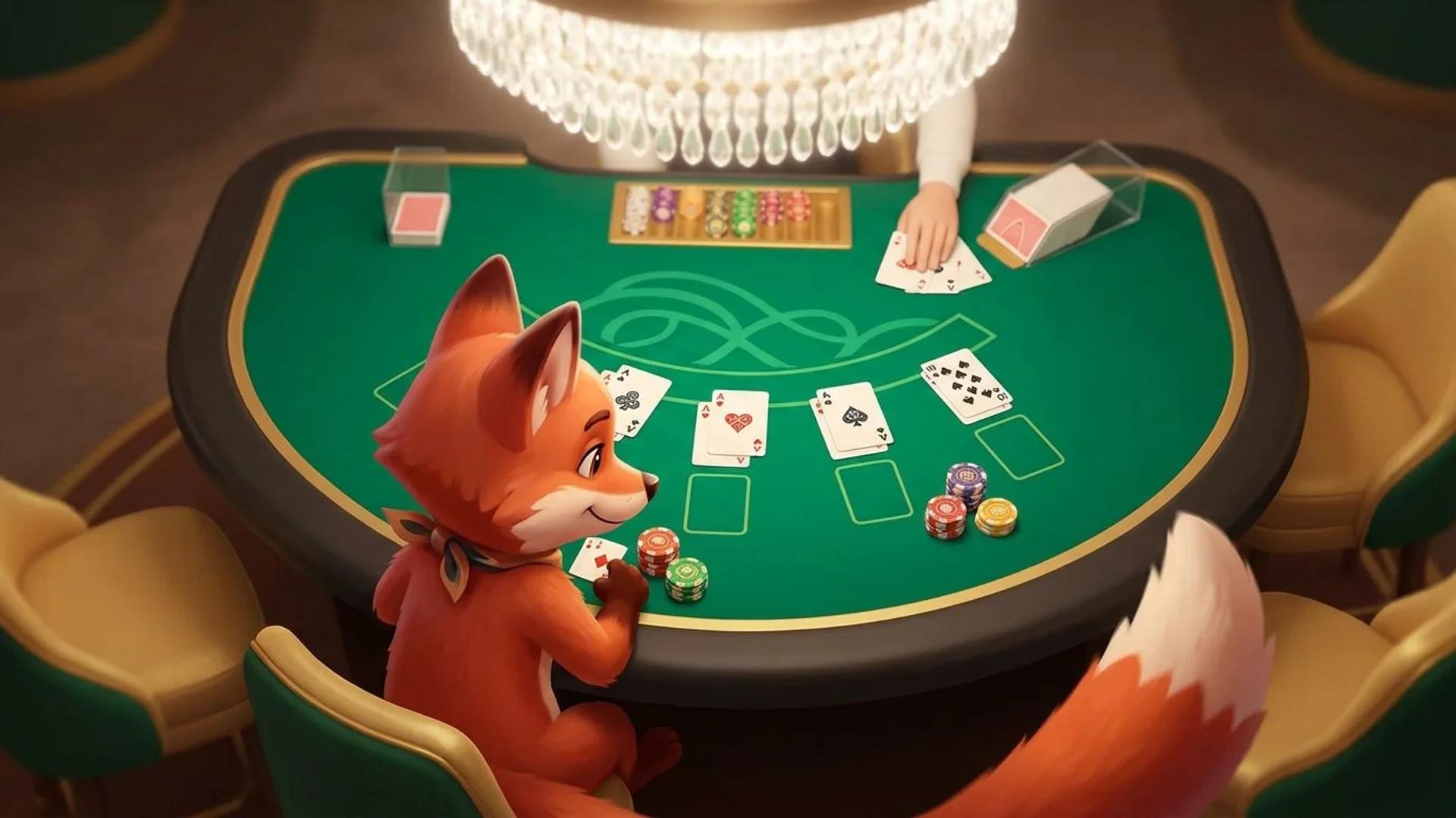 A cartoon fox mascot is playfully engaging at a blackjack table in a soft, diffused light setting.