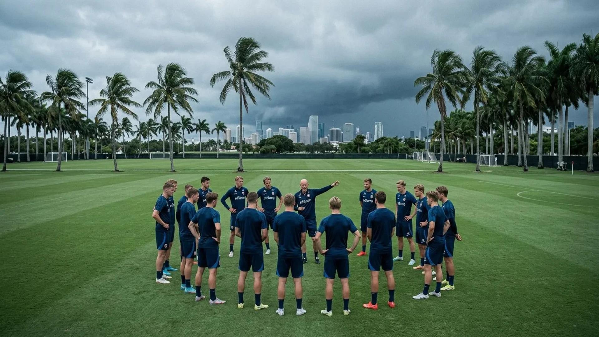 Bilde av det norske fotballandslaget i trening på en fotballbane i Miami under overcast himmel.