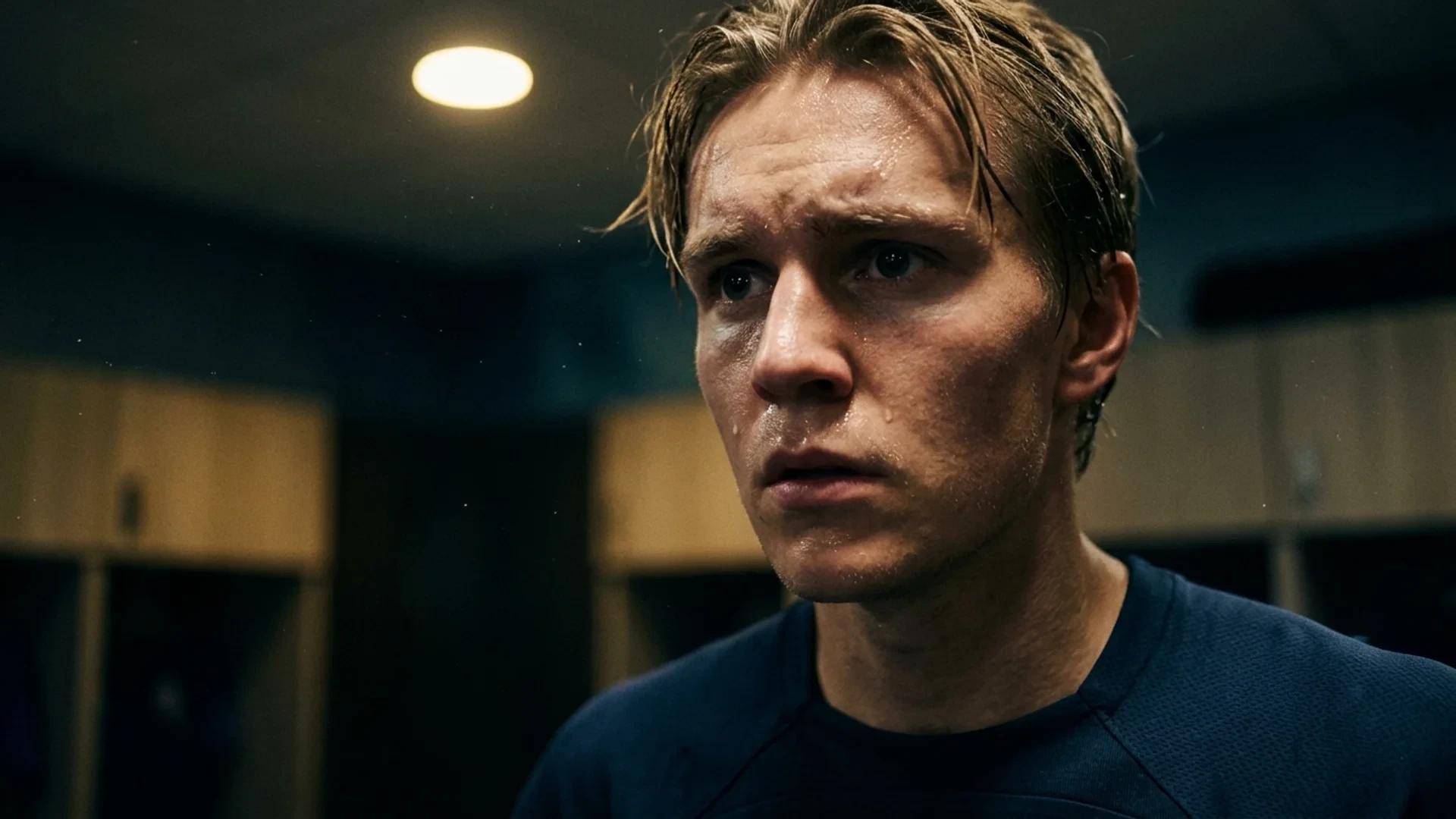 Extreme close-up of a young Norwegian footballer in a locker room, showing determination and tension.