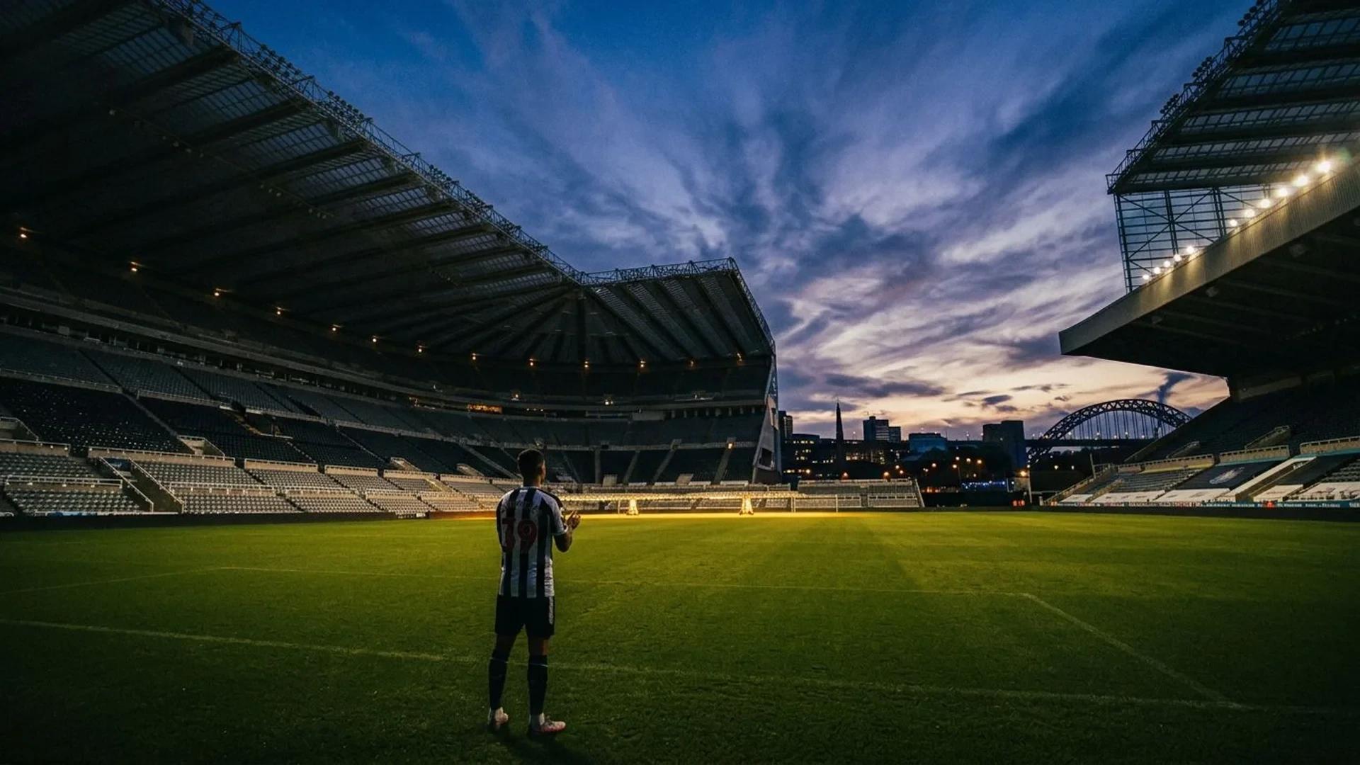 Bruno Guimaraes standing at St James' Park during blue hour.