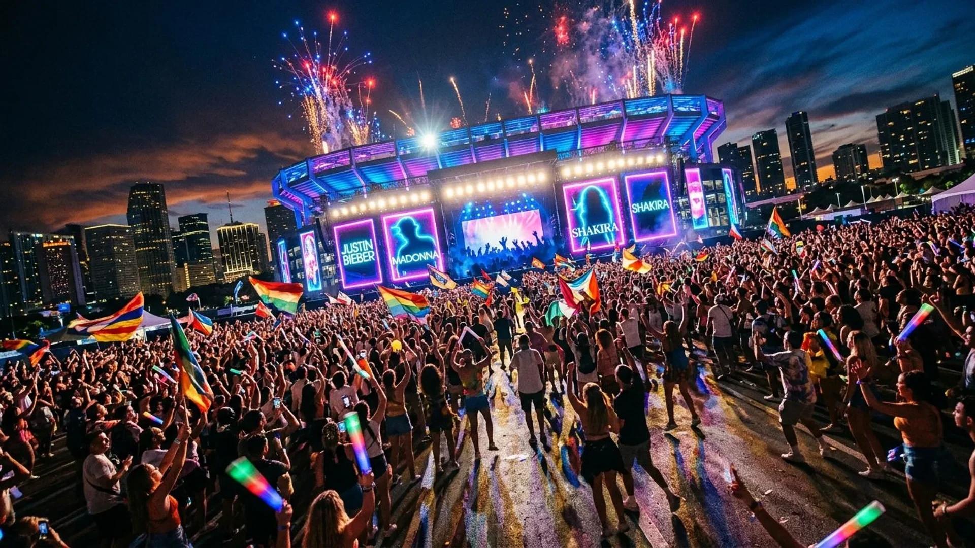 A vibrant crowd gathers outside a stadium illuminated with neon lights, eagerly awaiting a performance.