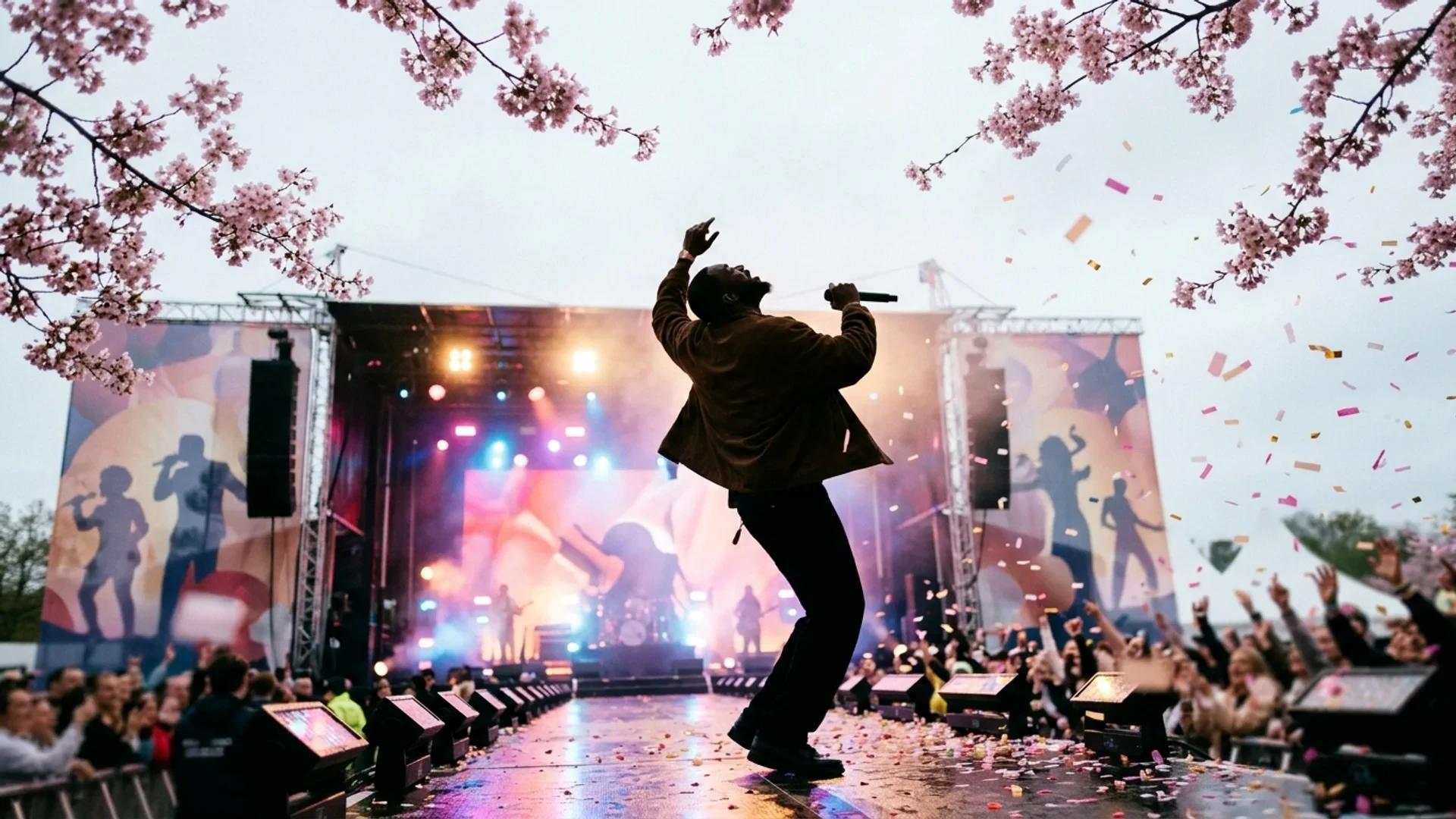 A low-angle view of an artist performing on stage amidst cherry blossoms and colorful lights.