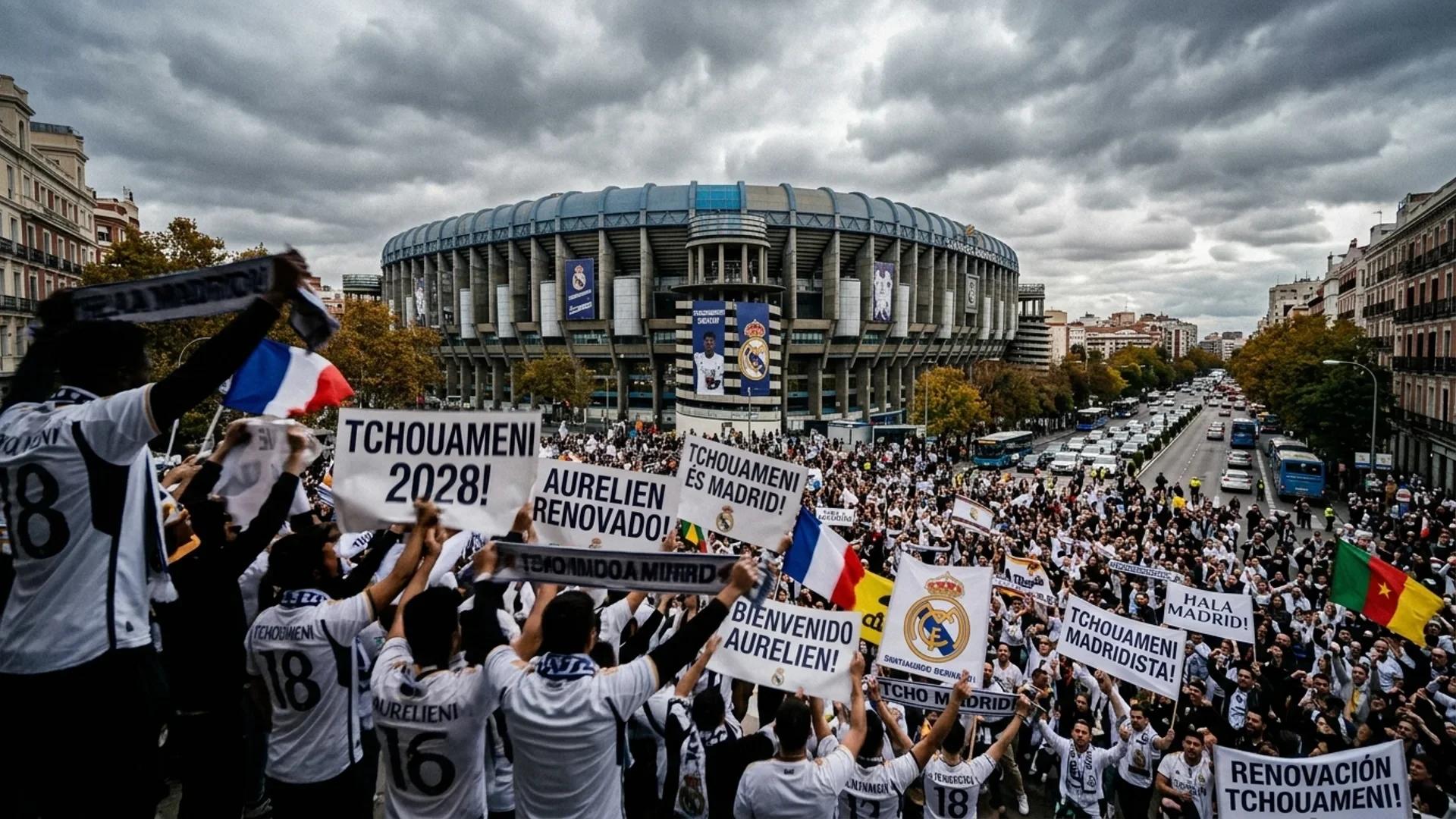 A wide shot of fans celebrating in front of the Santiago Bernabéu Stadium during an overcast day.
