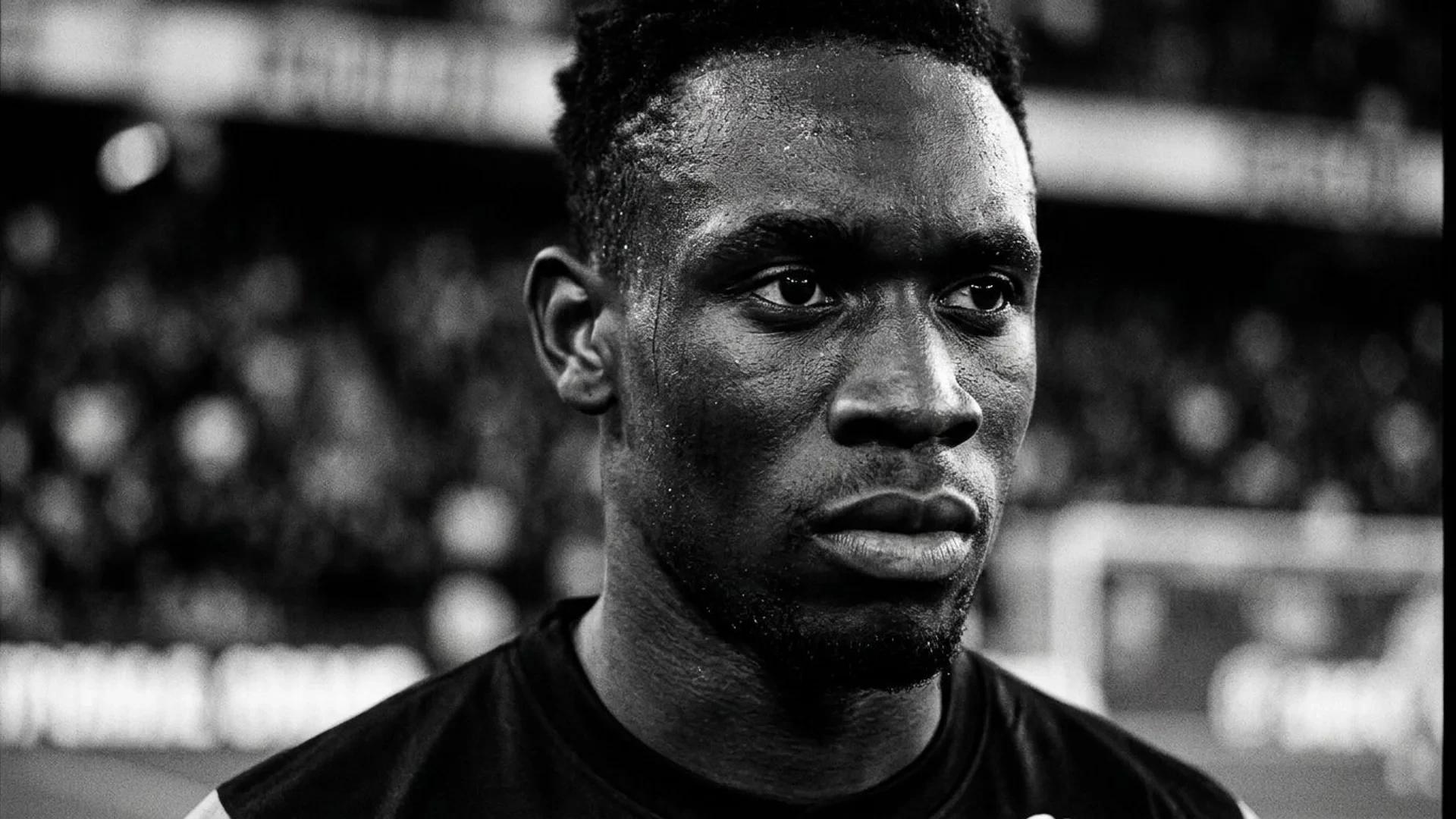 Extreme close-up of Folarin Balogun's face showing intense emotion.