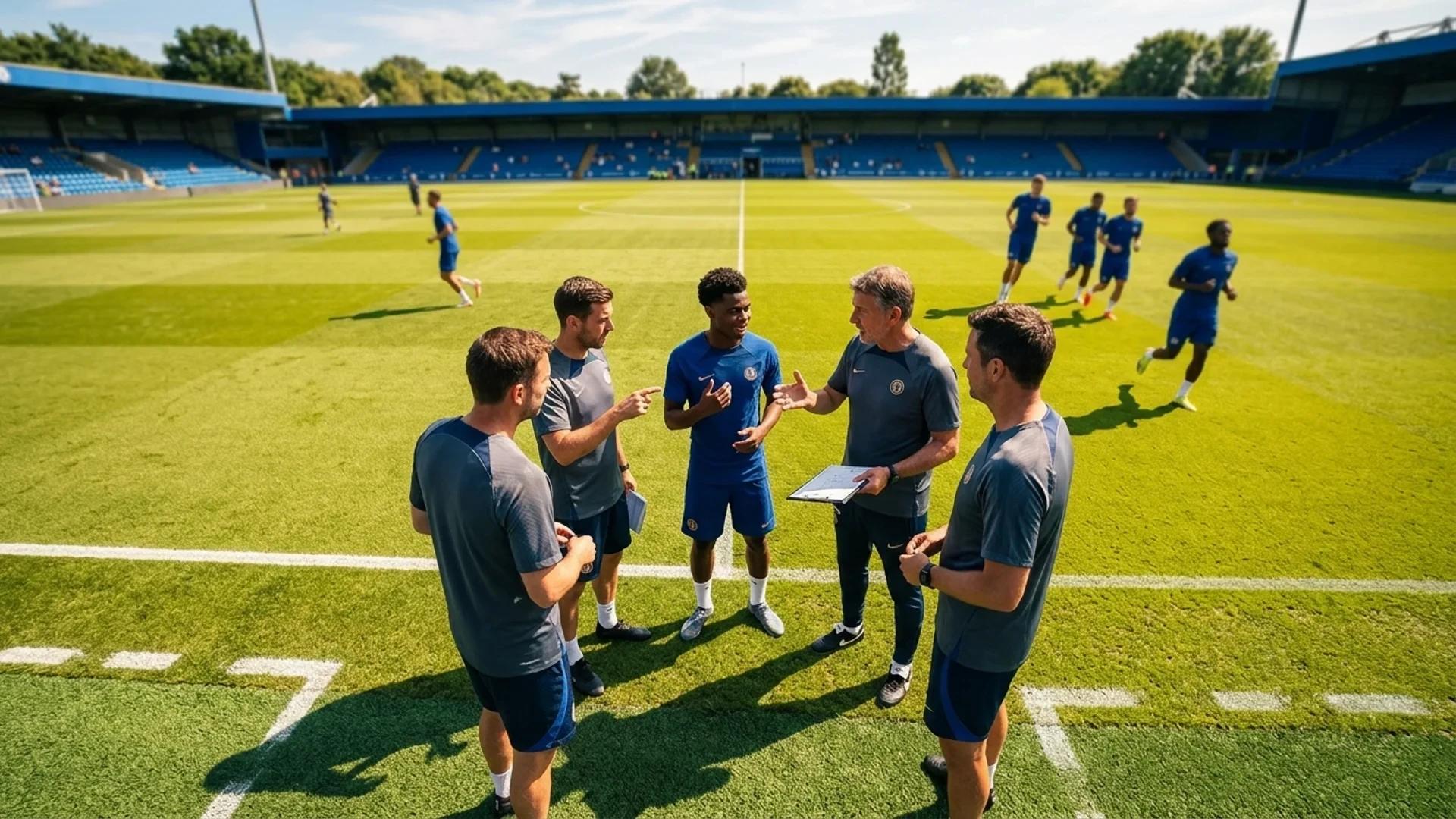 Bird's-eye view of Geovany Quenda surrounded by Chelsea staff on the training pitch.