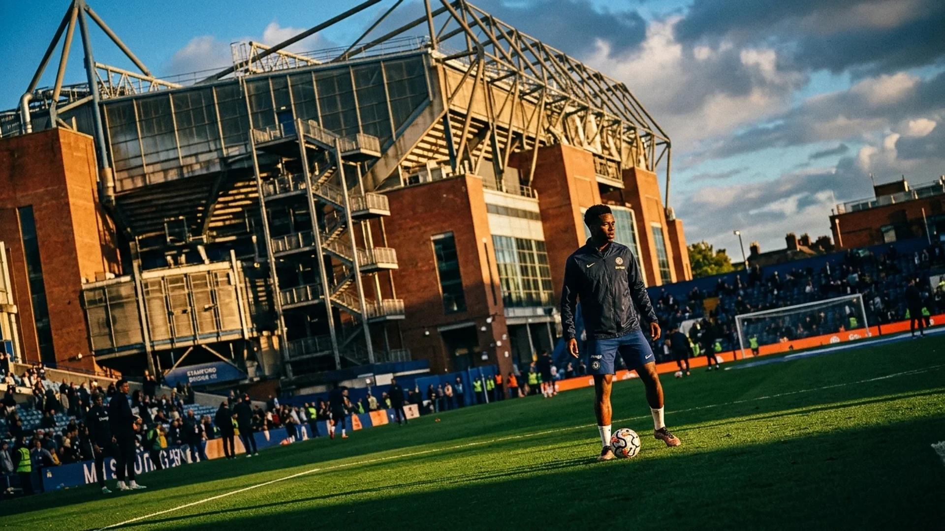 En ung fotballspiller i fokus foran Stamford Bridge, med stadion i bakgrunnen.