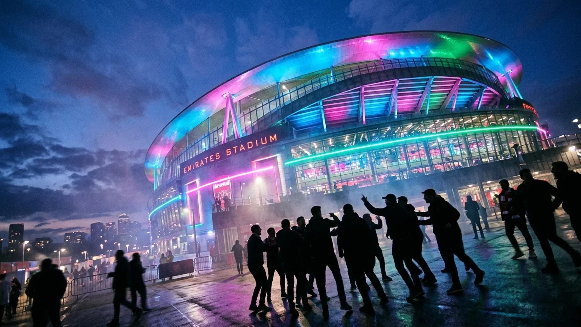 A low-angle view of the Emirates Stadium illuminated with neon lights against a dusky sky, with silhouettes of fans in the foreground.