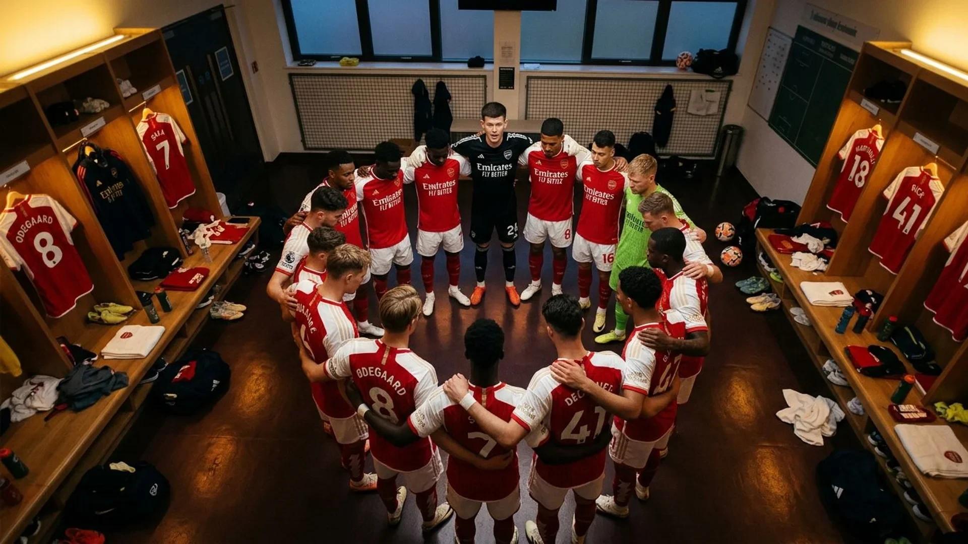 En fotballspiller omgitt av lagkamerater i Arsenal-garderoben.