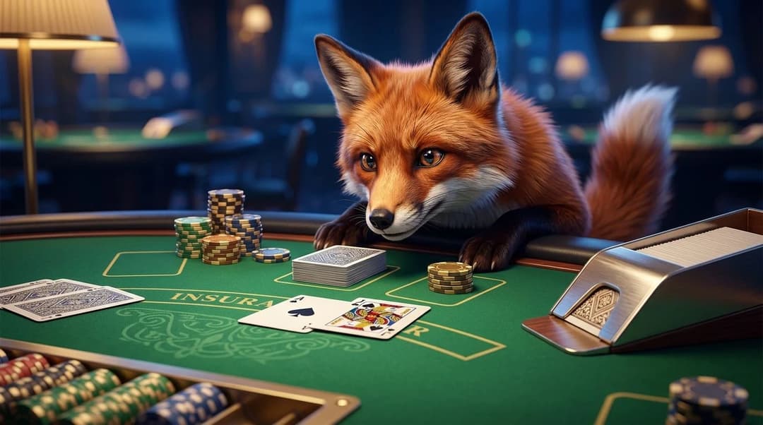 An illustrative close-up of a fox mascot at a Blackjack table during dusk.
