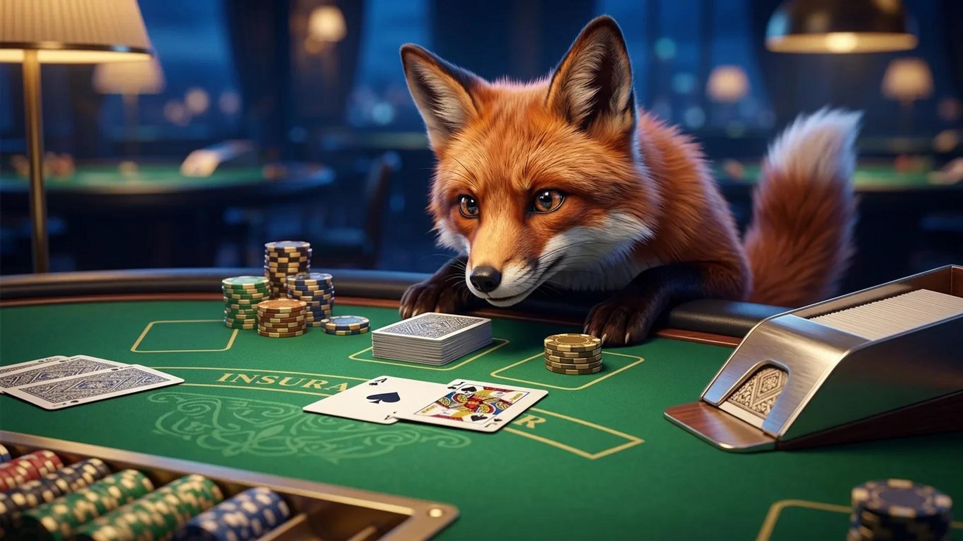 An illustrative close-up of a fox mascot at a Blackjack table during dusk.