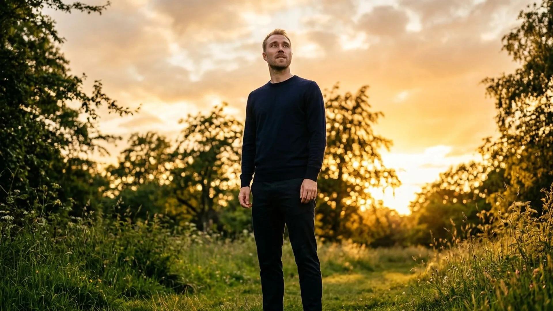 A low-angle view of Christian Eriksen in a park during golden hour, surrounded by trees.