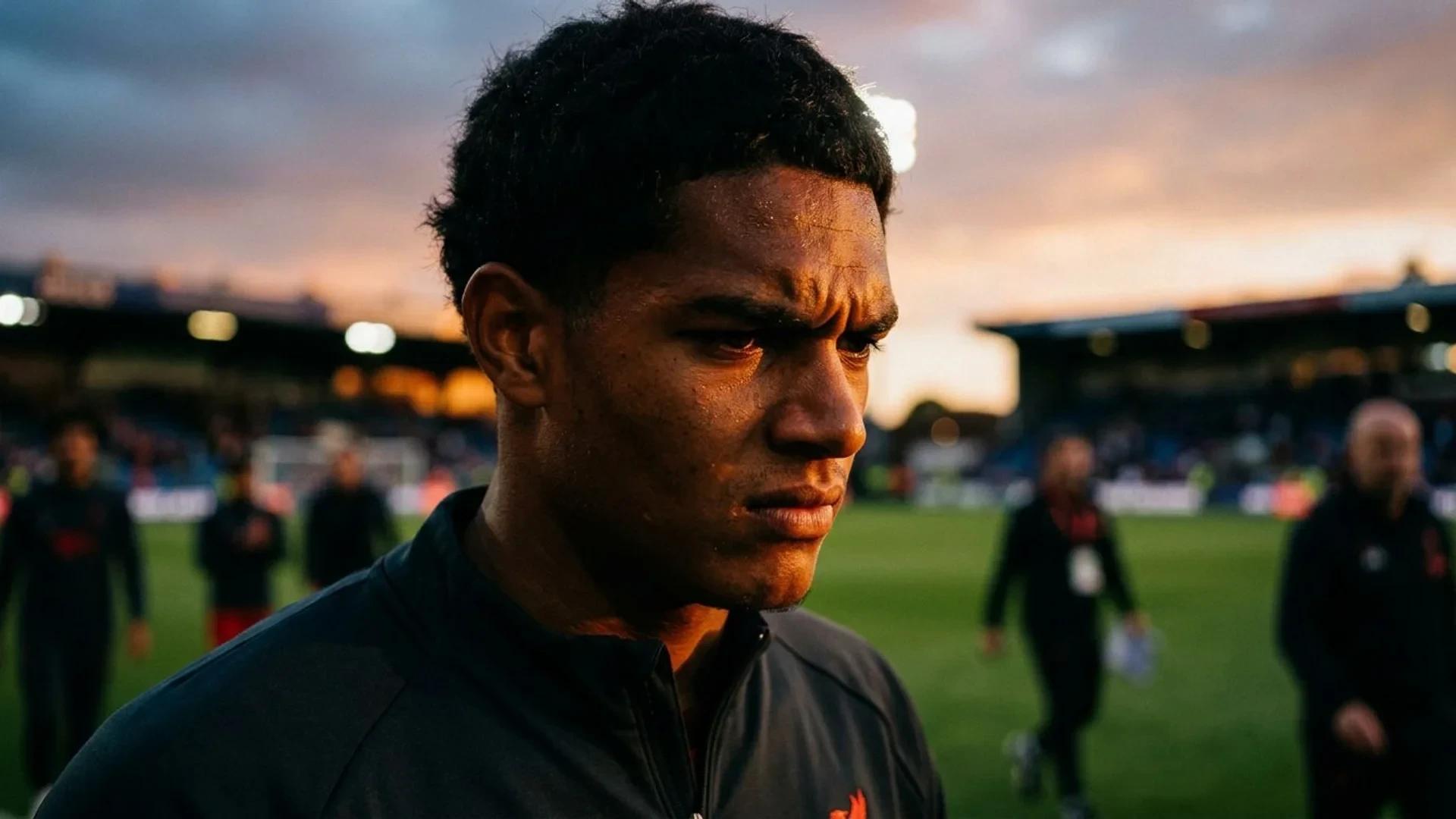 Close-up portrait of footballer Jarell Quansah with a serious expression, backlit by golden hour light.