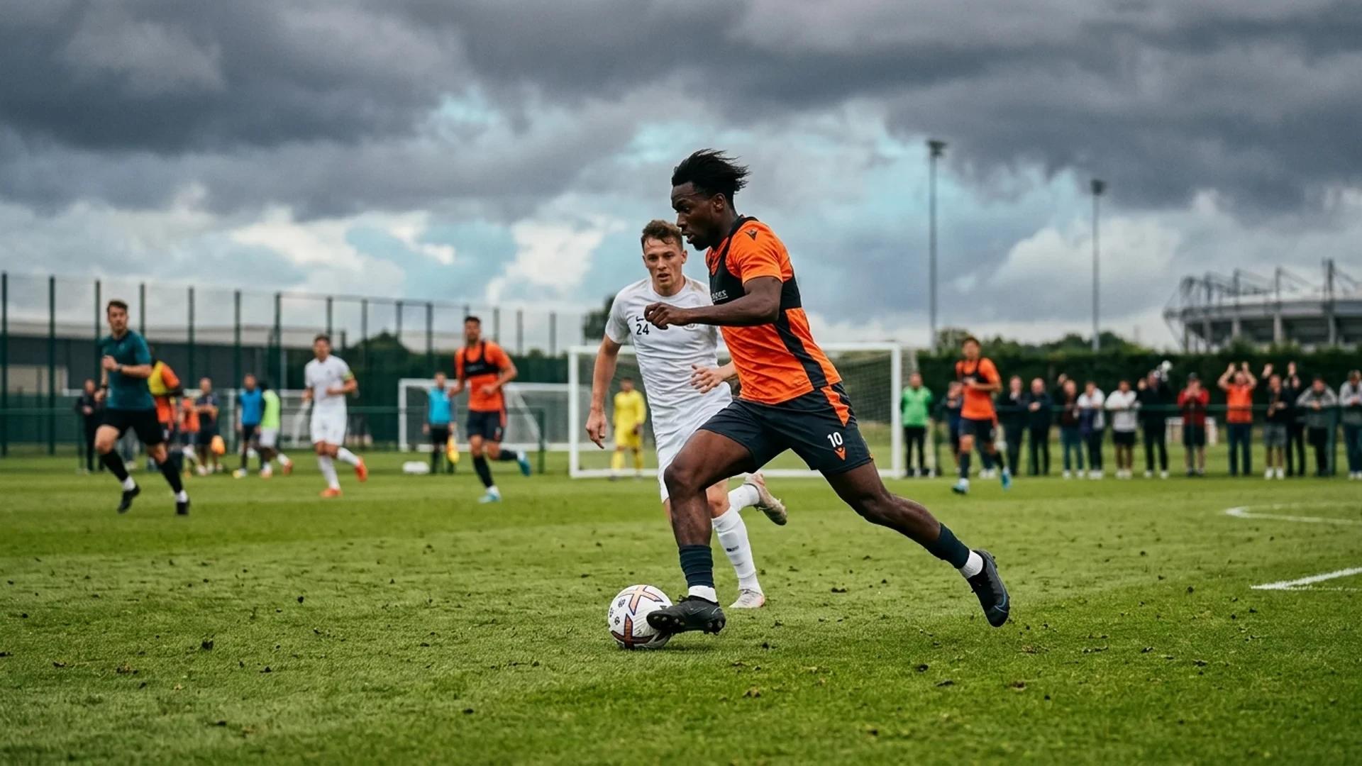 Johan Manzambi dribler med en fotball på treningsfeltet.