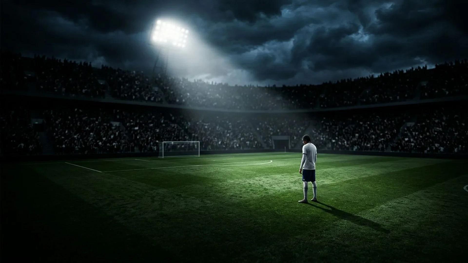 A lone football player stands pensively on an empty pitch under dramatic lighting.