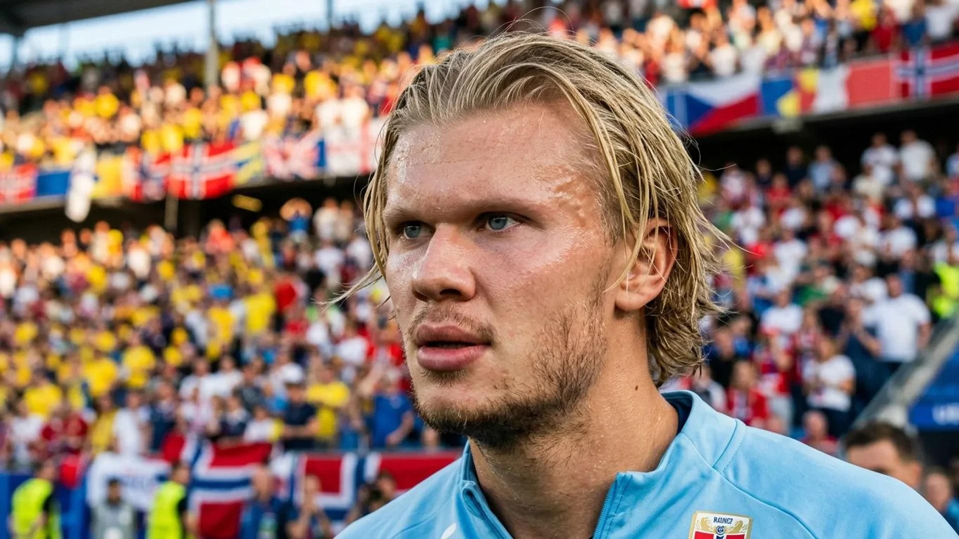 Nærbilde av Erling Haaland med intense øyne, omgitt av uskarpe publikum.