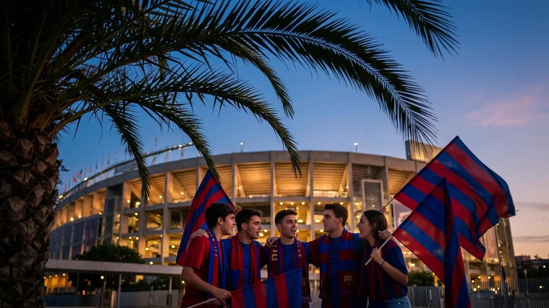 A twilight view of Camp Nou framed by a palm tree, with fans in anticipation of summer transfers.
