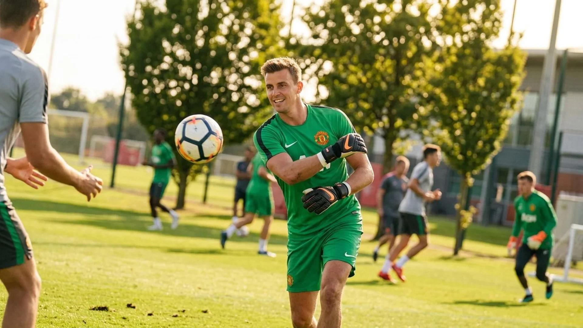 A goalkeeper in training at Manchester United's facility, captured at a dynamic angle.