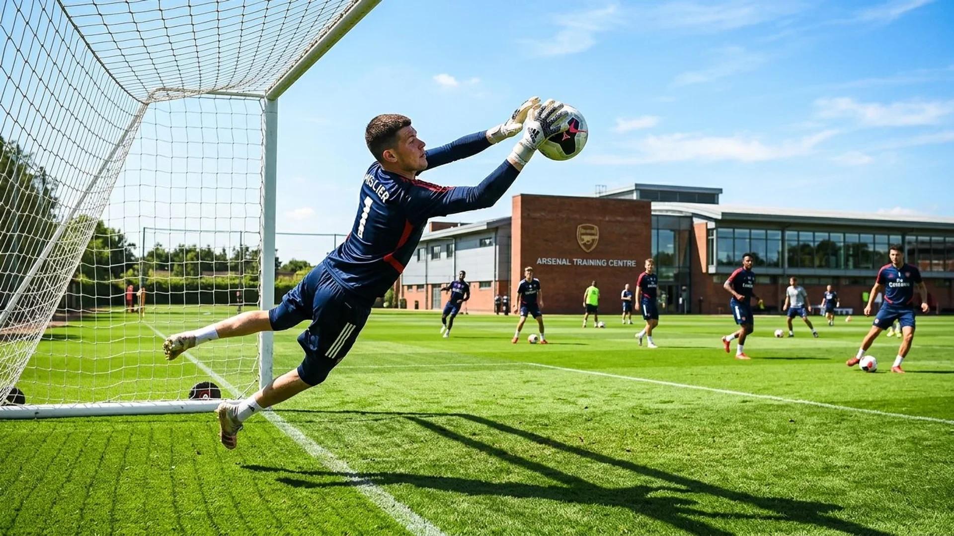 Illan Meslier practices goalkeeping during training on a sunny day.