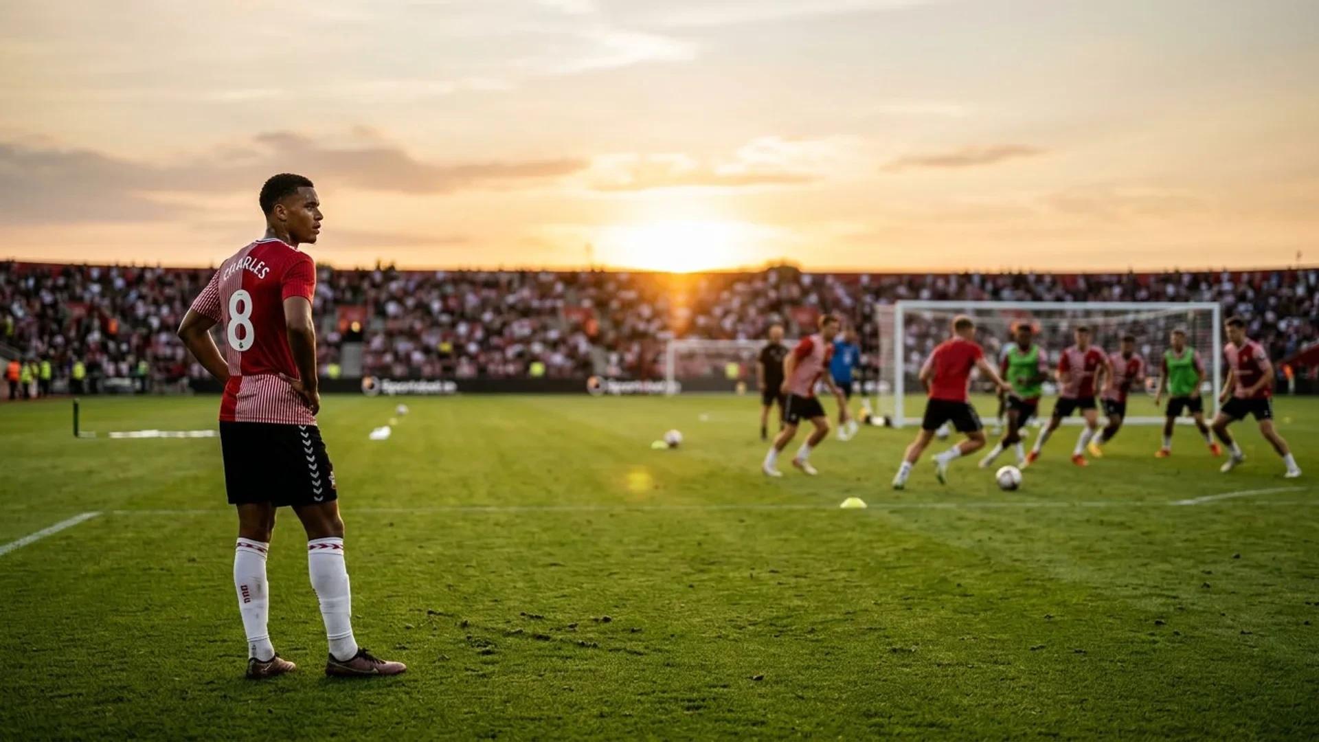 En fotballspiller i Southampton-drakt står på treningsbanen, med lagkamerater som trener i bakgrunnen.