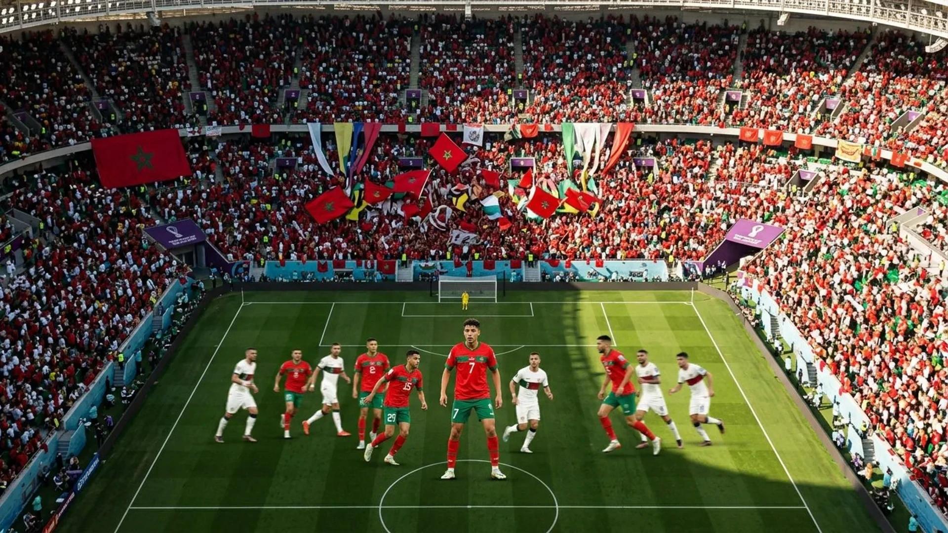 A bird's-eye view of Ayyoub Bouaddi on the pitch during a World Cup match, surrounded by a vibrant crowd.