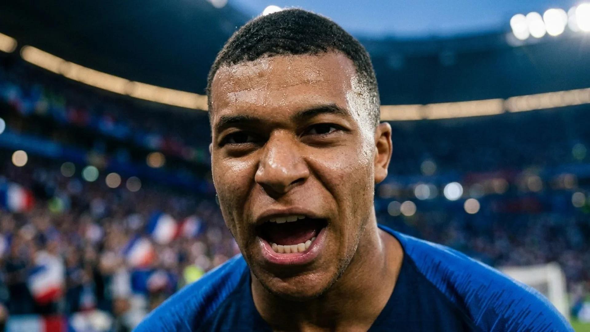 An extreme close-up of Kylian Mbappé celebrating a goal during a World Cup match at dusk.