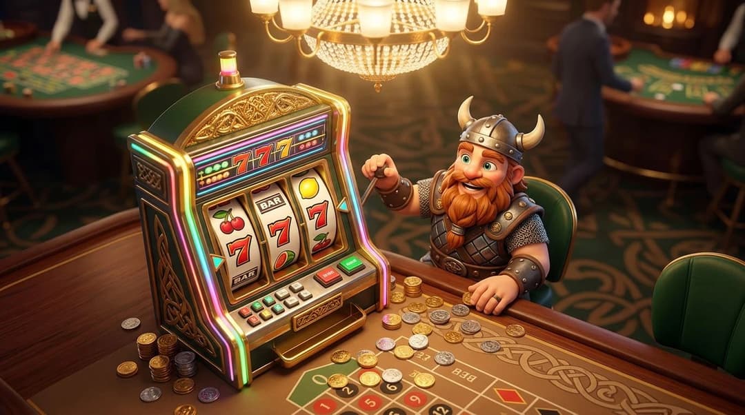 A playful NordicSpins mascot interacts with a colorful slot machine in a casino environment from a bird's-eye perspective.
