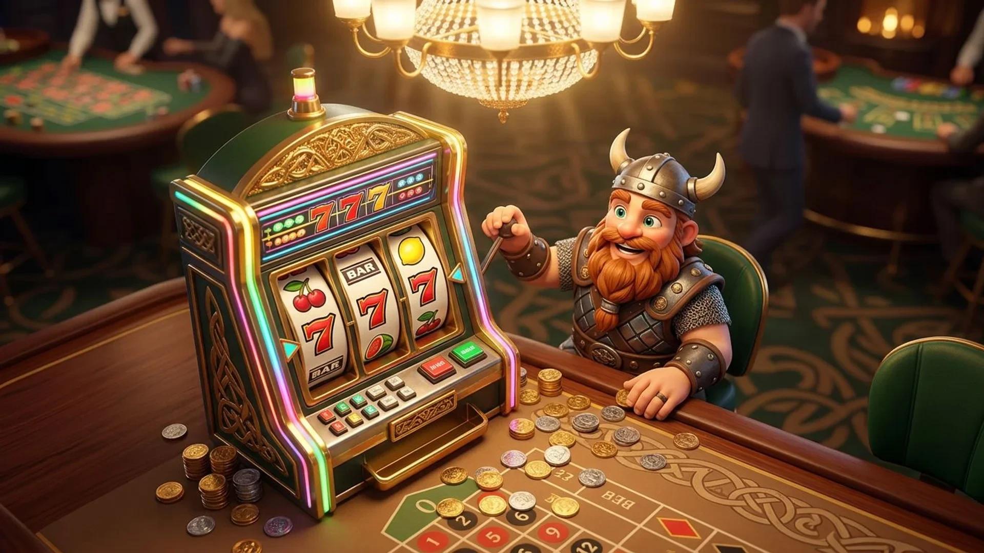 A playful NordicSpins mascot interacts with a colorful slot machine in a casino environment from a bird's-eye perspective.