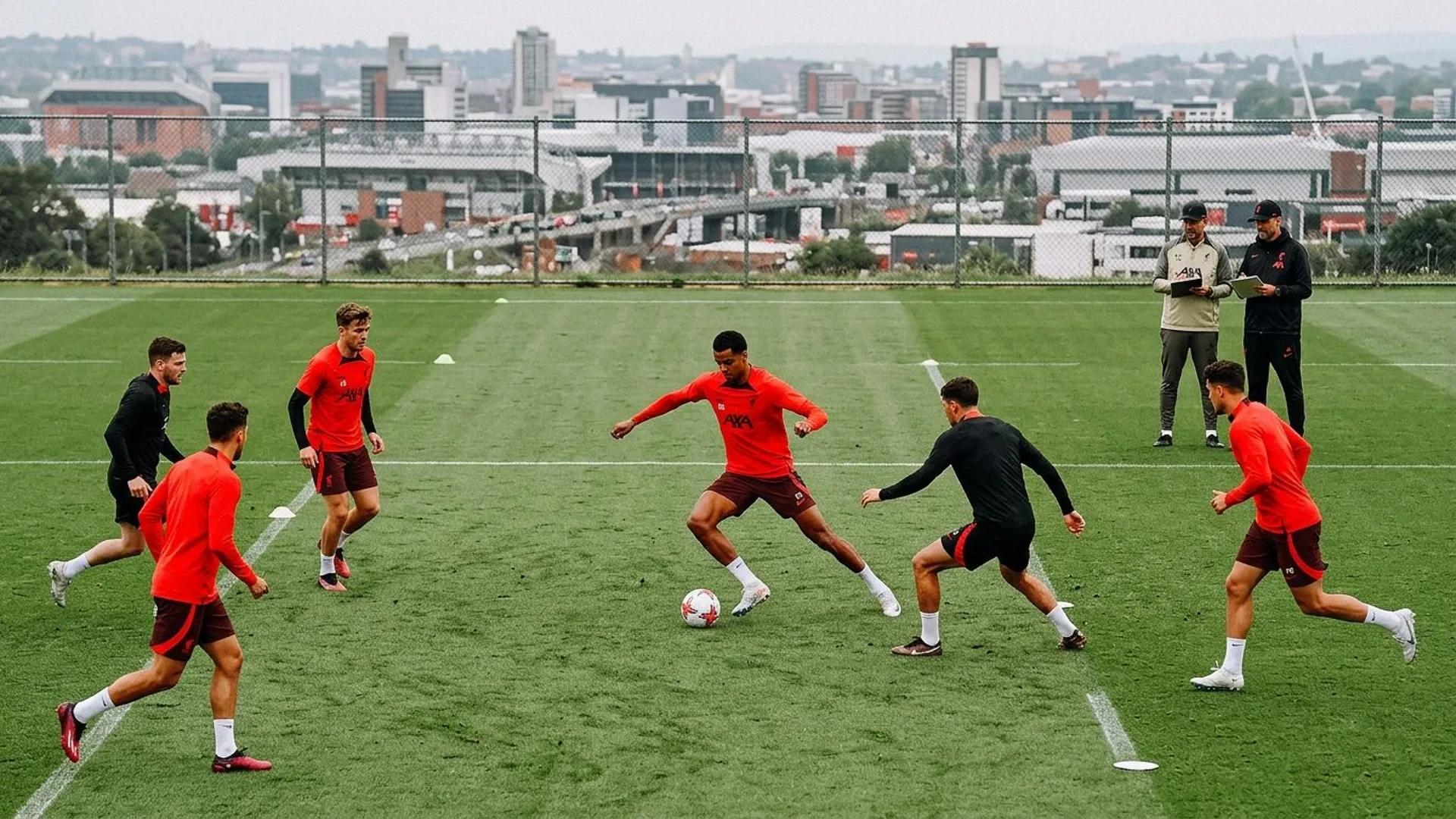 En oversiktsbilde av en fotballtrening med spillere i bevegelse, med Cody Gakpo som fremhevet.