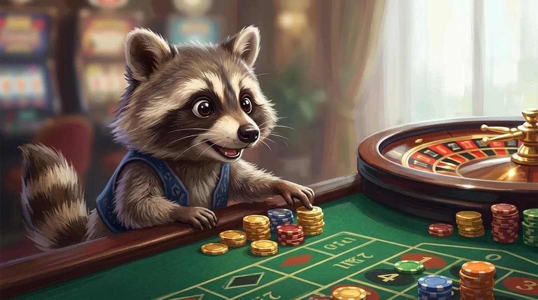 A close-up of a playful raccoon mascot at a roulette table with vibrant chips.