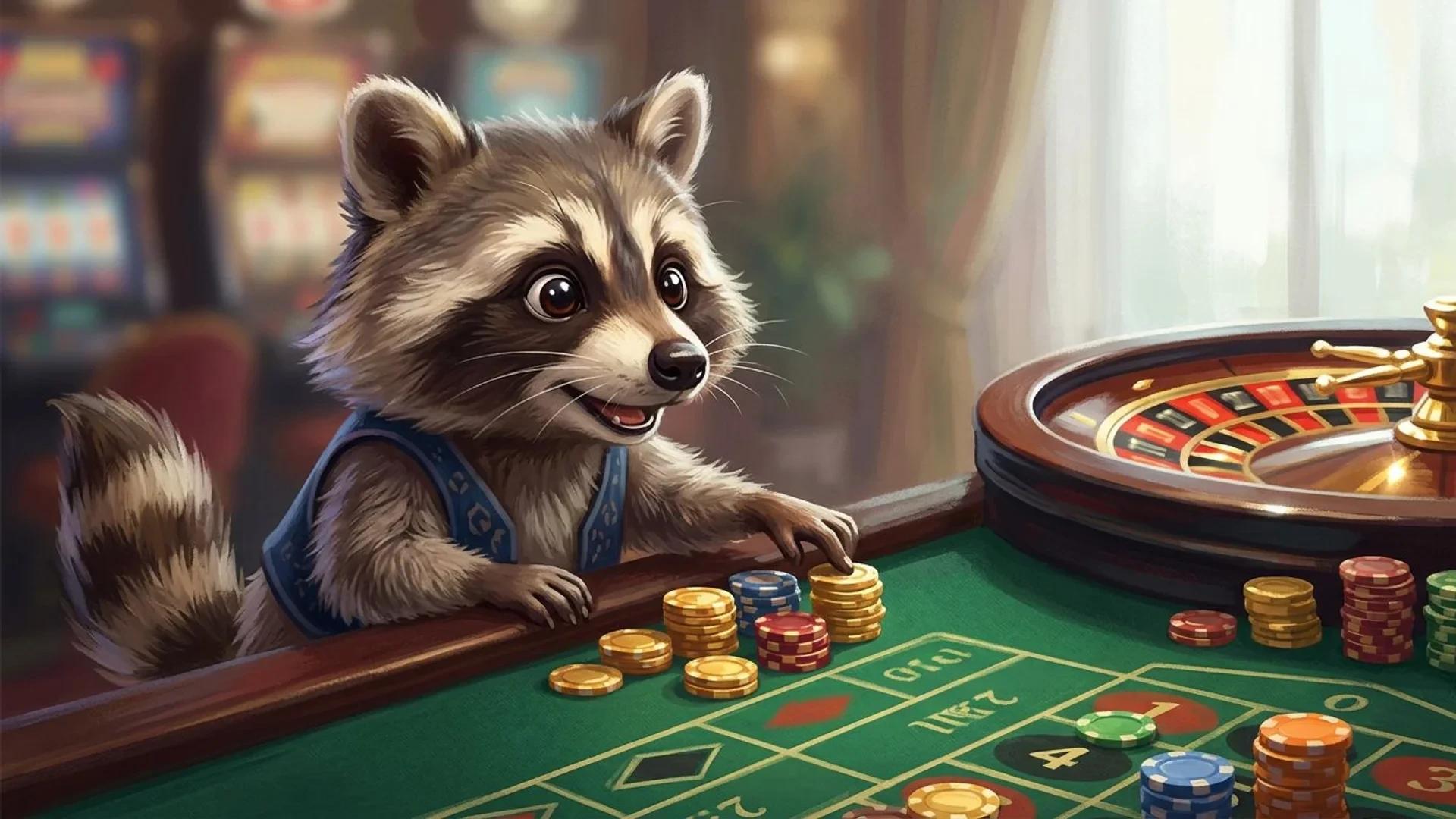 A close-up of a playful raccoon mascot at a roulette table with vibrant chips.
