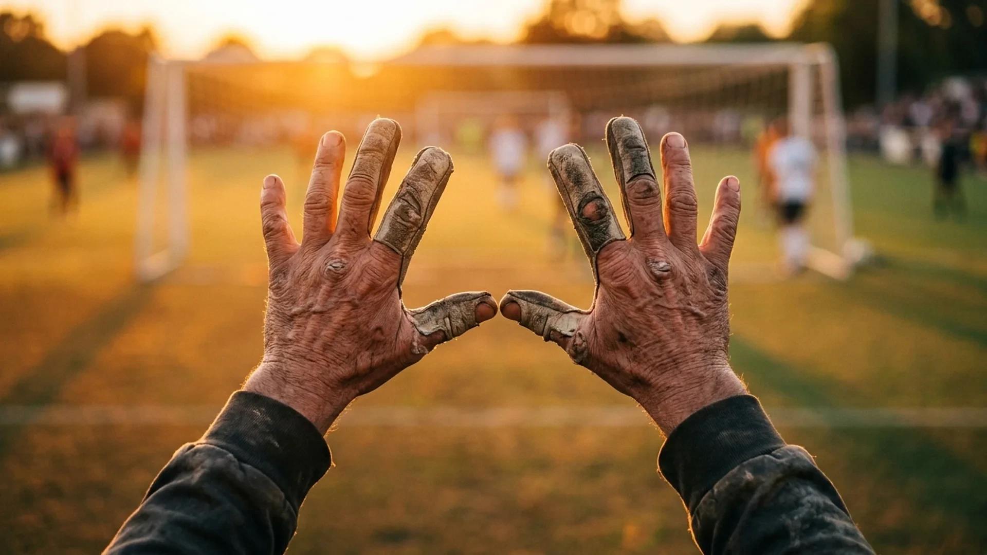 A close-up of a goalkeeper's hands outstretched against a golden hour background.