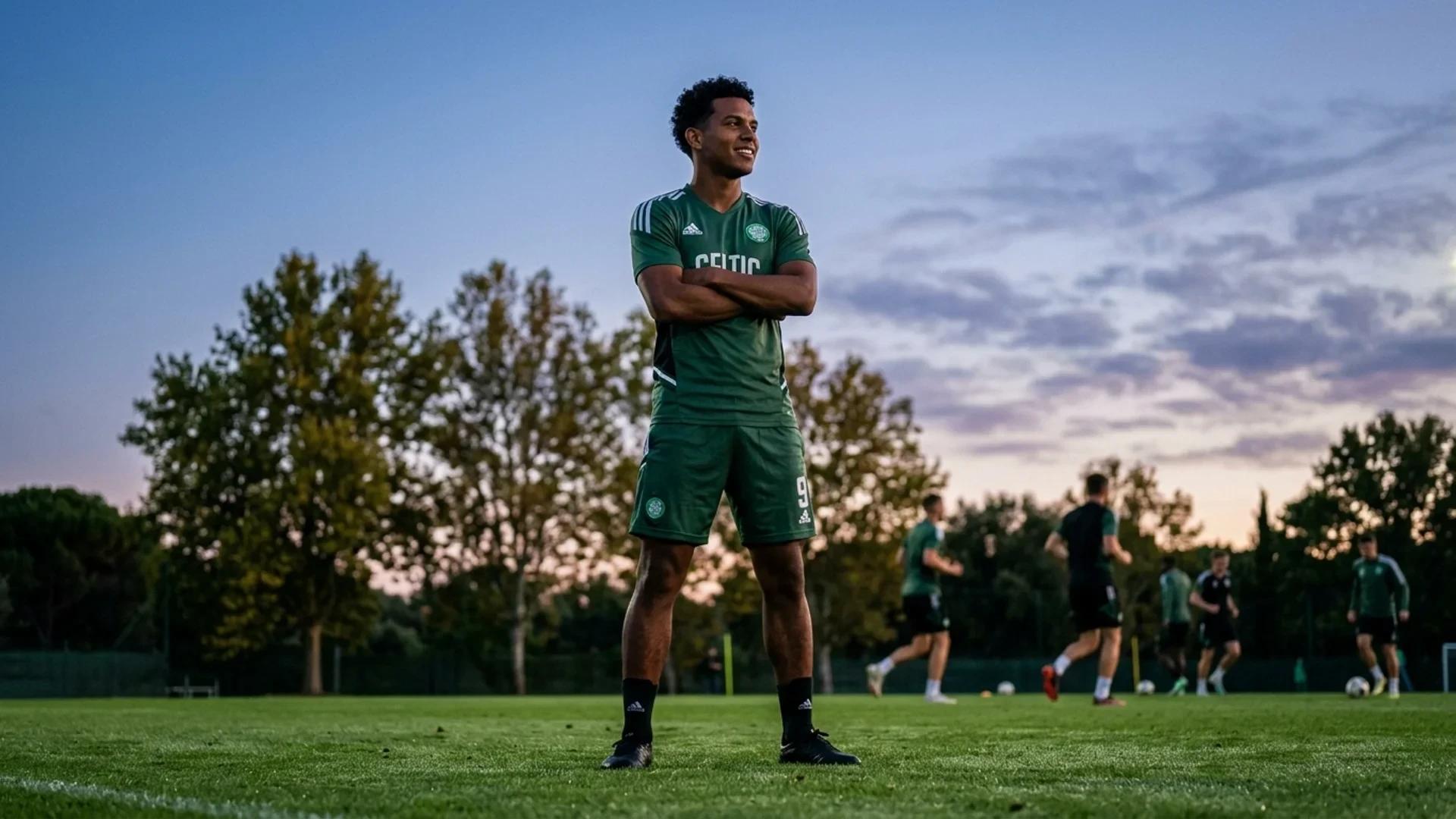 Camilo Duran steps onto a training field in Portugal at dusk, surrounded by green grass and a dusky sky.