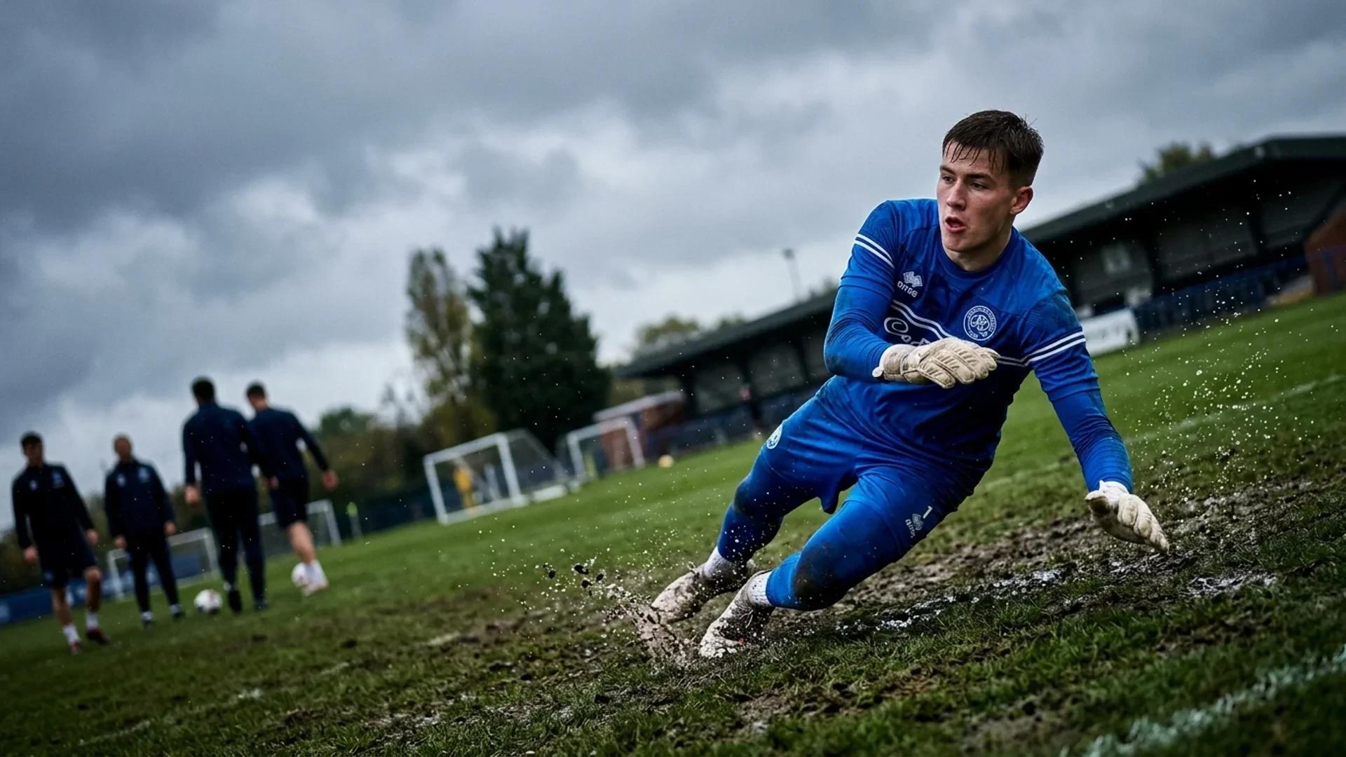 En ung keeper i trening, fanget i bevegelse med regndråper som faller rundt ham.