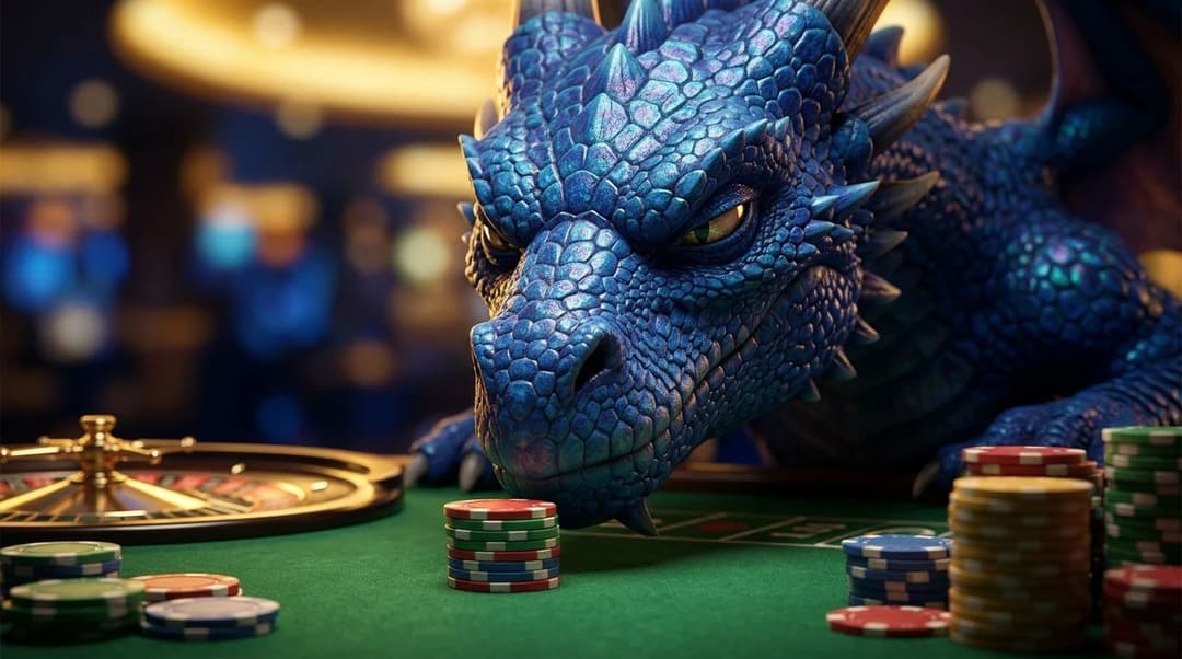 A close-up of a blue dragon mascot on a casino table with chips and a roulette wheel.