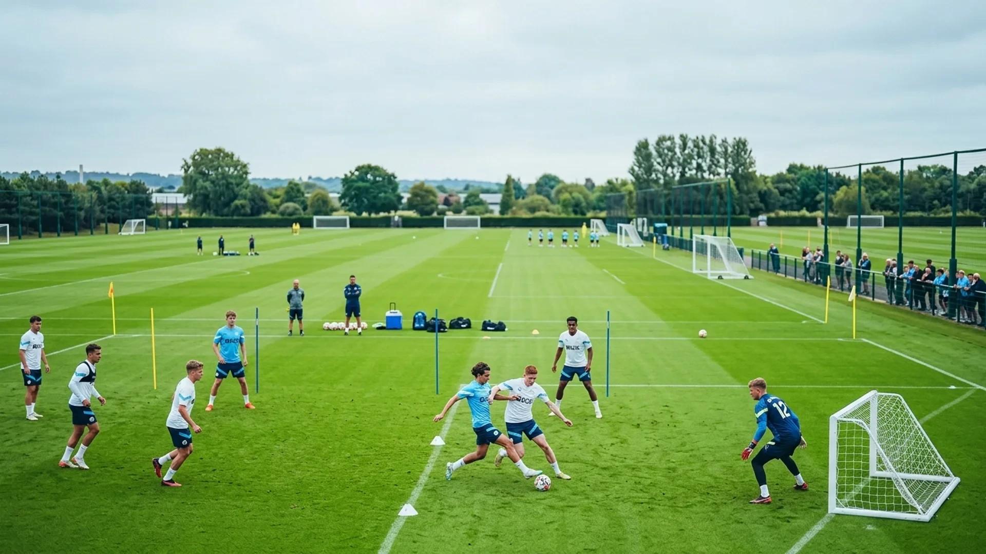 En treningsøkt med Manchester City-spillere på en grønn fotballbane under en overskyet himmel.