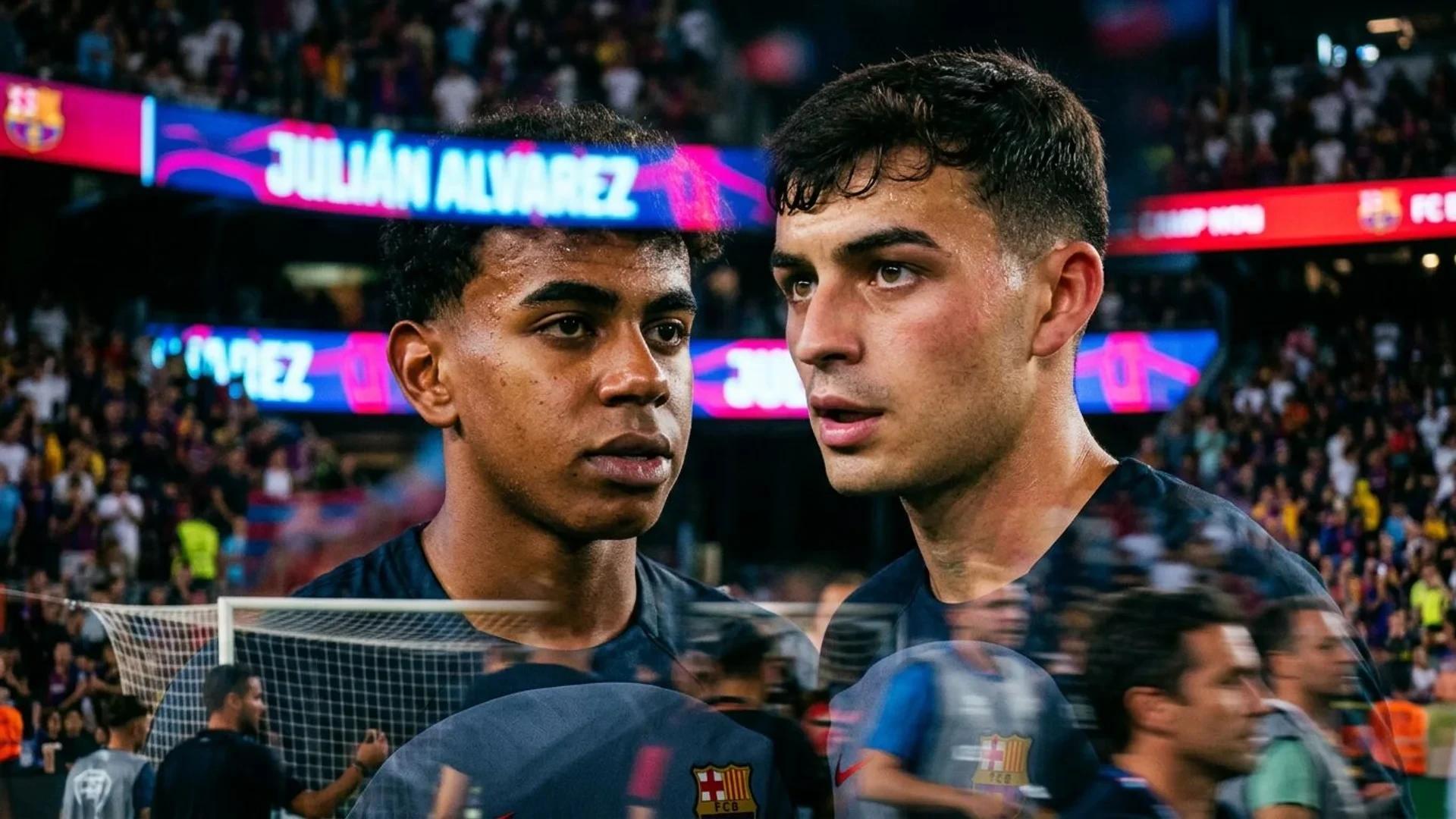 Extreme close-up of two young football players, Yamal and Pedri, against a colorful blurred background.