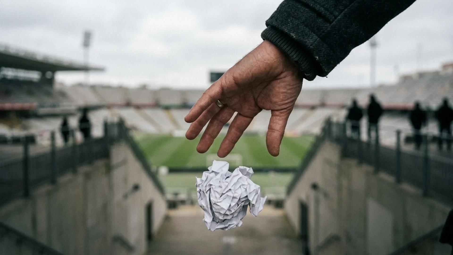 A close-up of a hand releasing a crumpled piece of paper in front of a blurred football stadium.