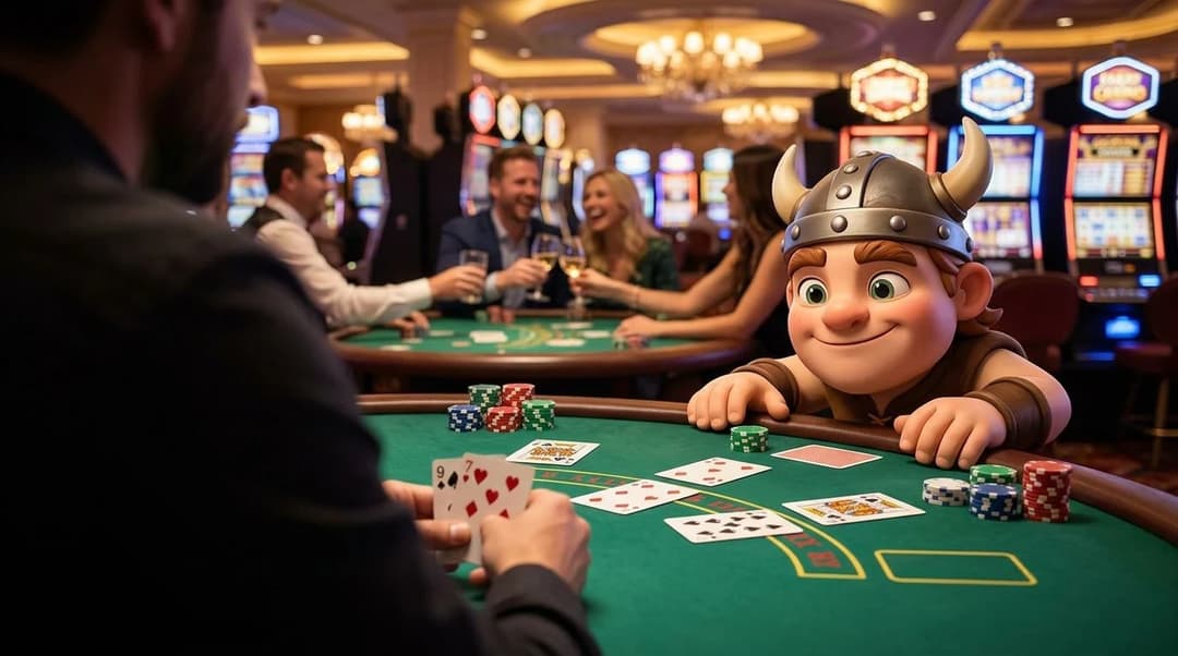 A NordicSpins mascot watching a Blackjack game at a casino table.