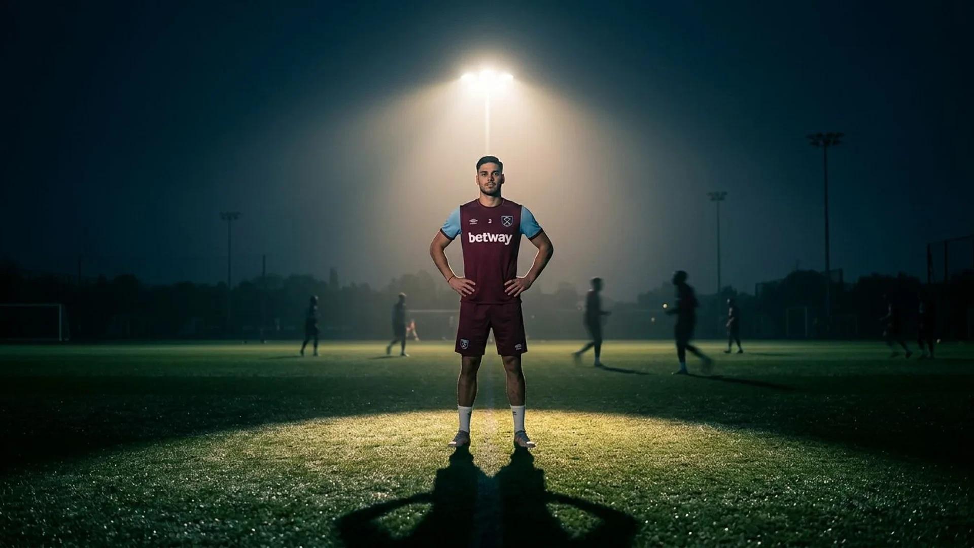 En fotballspiller står i en spotlight på en treningsbane, med uklare skikkelser av lagkamerater i bakgrunnen.