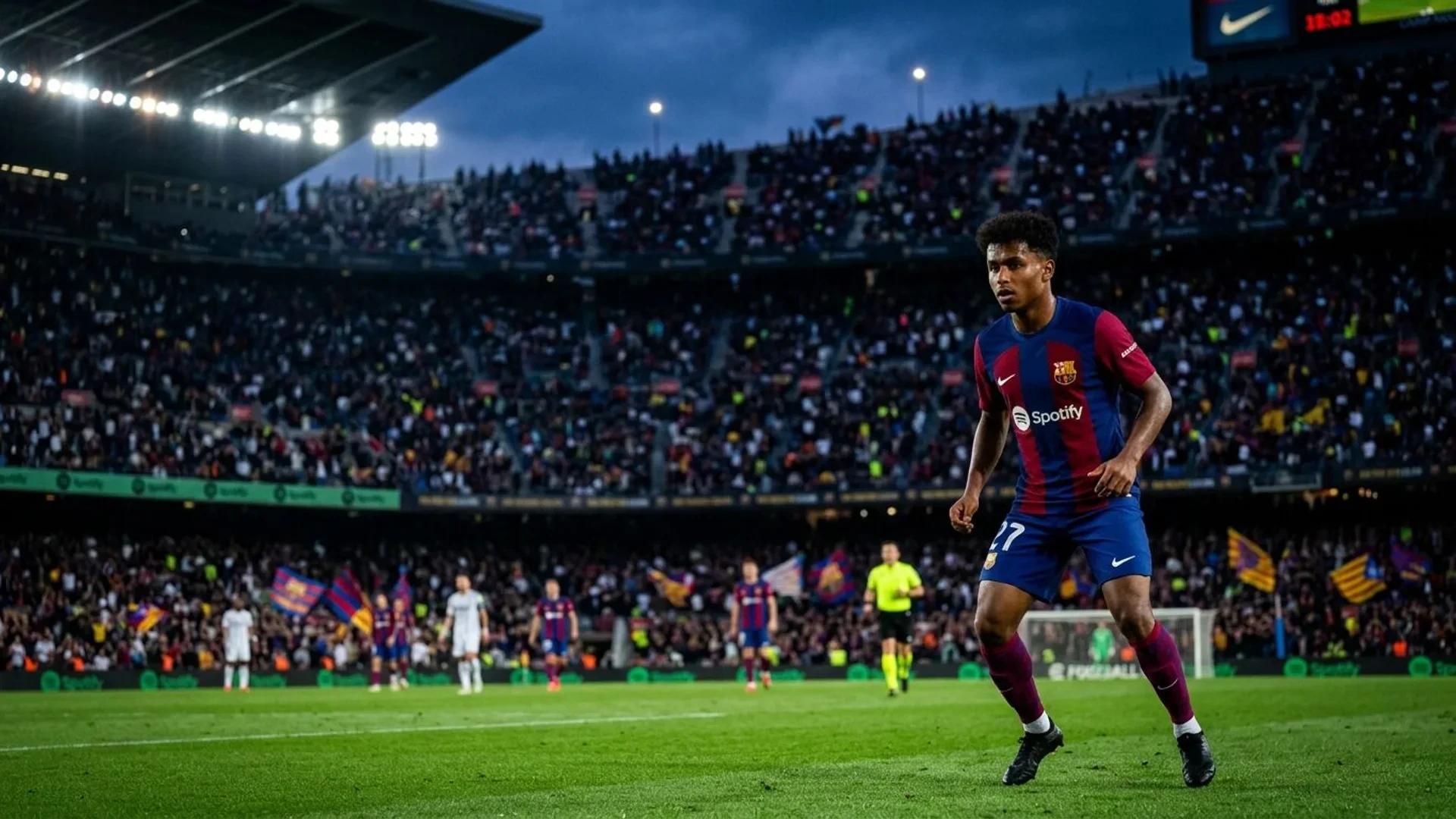 Karim Adeyemi poised on the football pitch in a dramatic stadium setting.