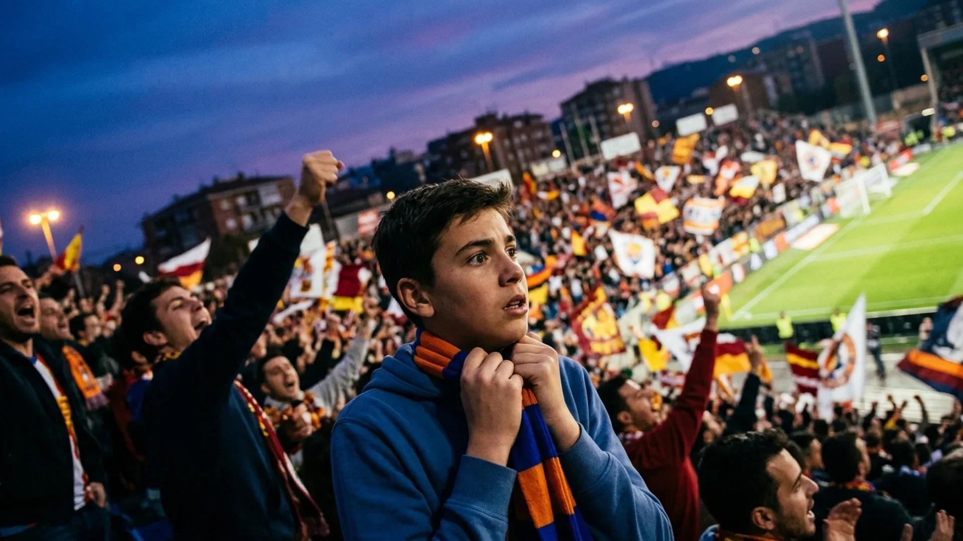 A young football fan in a stadium during the blue hour, eagerly anticipating the match.