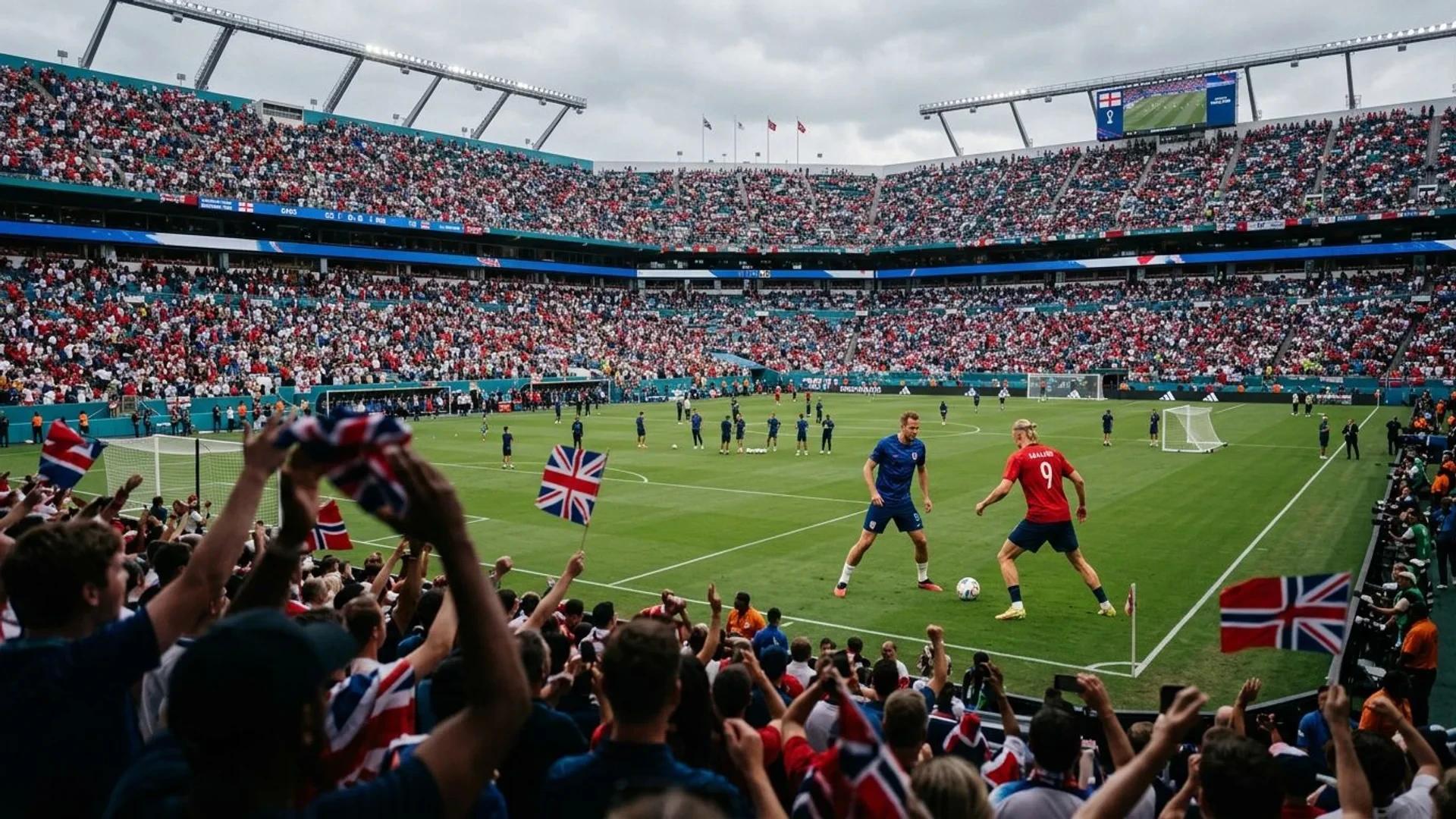 En vidvinklet visning av en fotballarena med fans som venter på kvartfinalen mellom England og Norge.