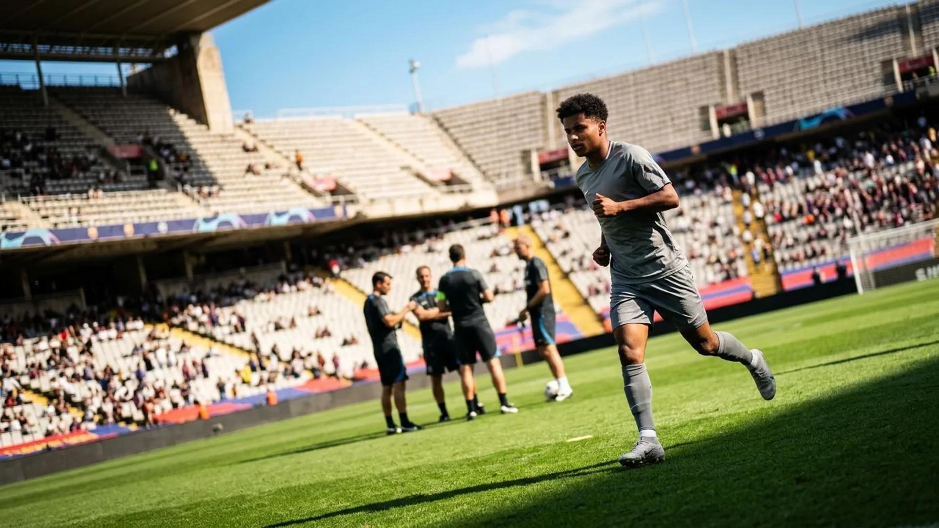 A dynamic scene of Karim Adeyemi training at Camp Nou under harsh midday sun.