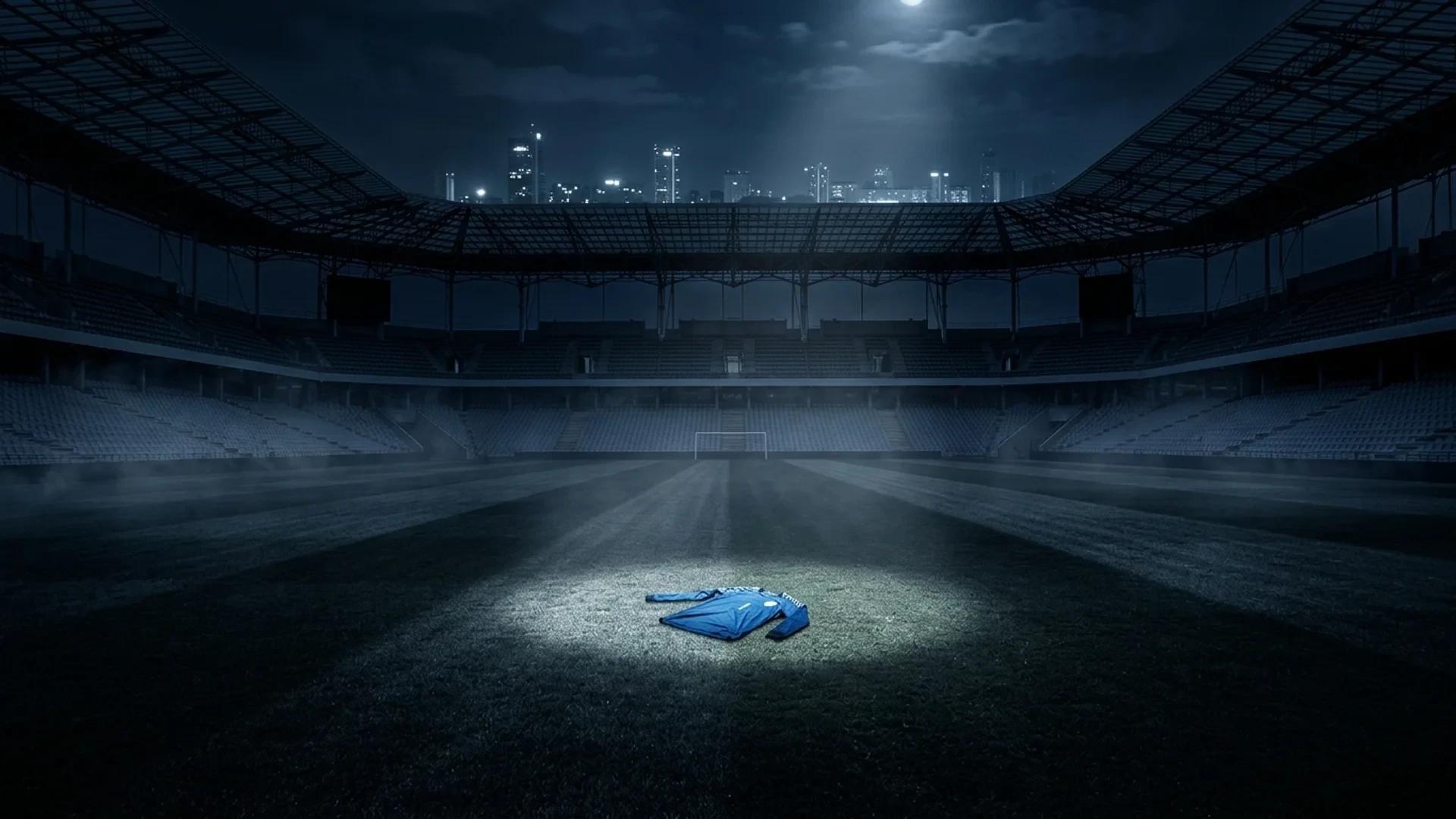 A deserted football stadium at night with a single spotlight on a jersey on the pitch.