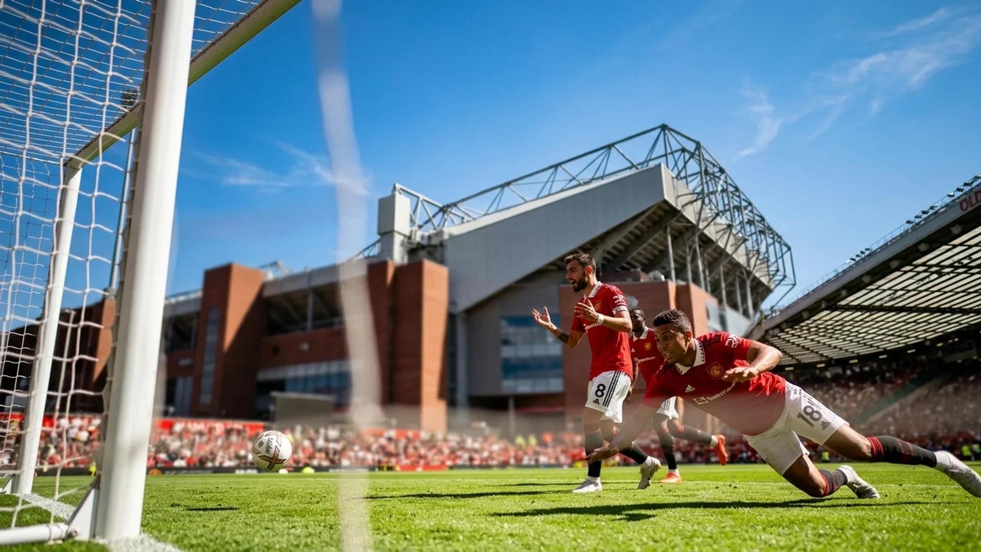 En dramatisk lavvinkelbilde av fotballspillere fra Manchester United på en solfylt bane.