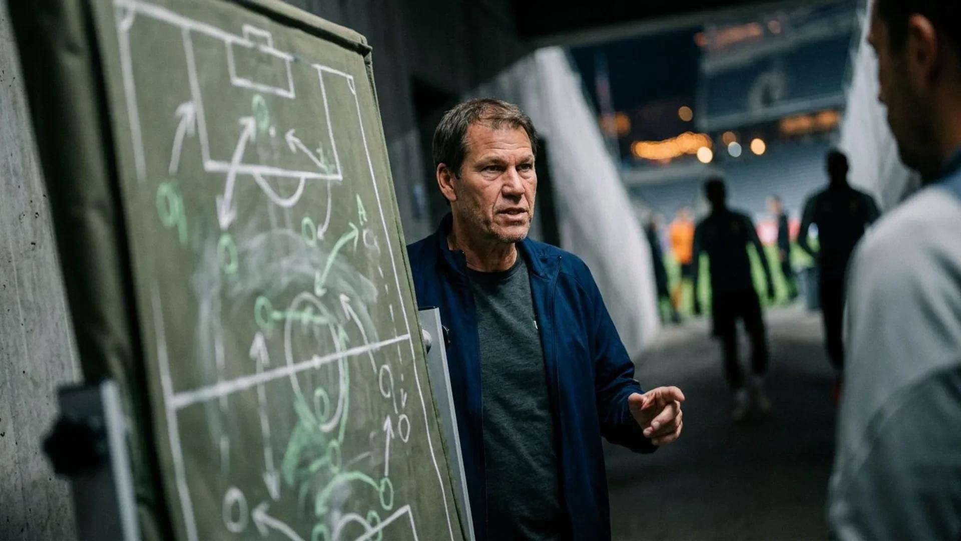 Rudi Garcia discussing tactics in a dimly lit stadium