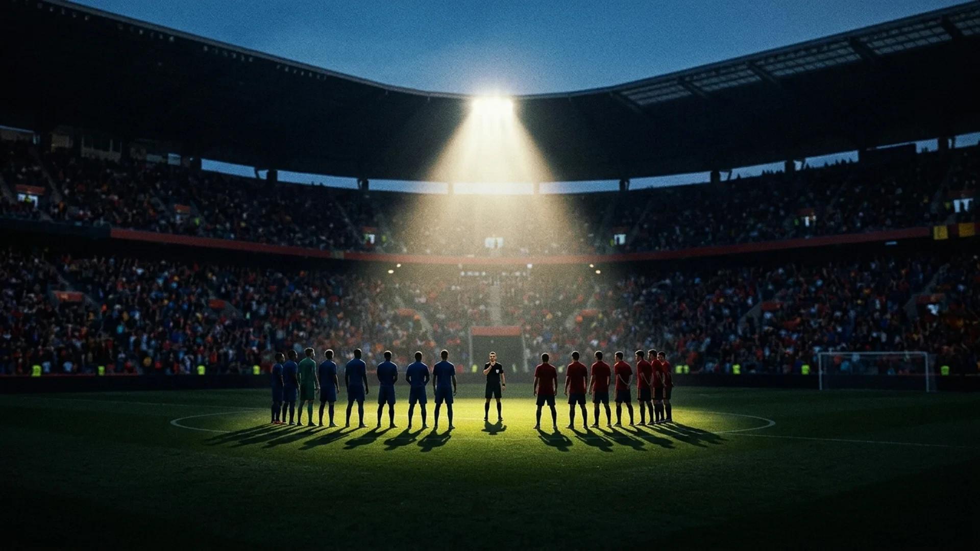 A wide shot of Los Angeles Stadium under a single spotlight, players ready for the quarter-final match.