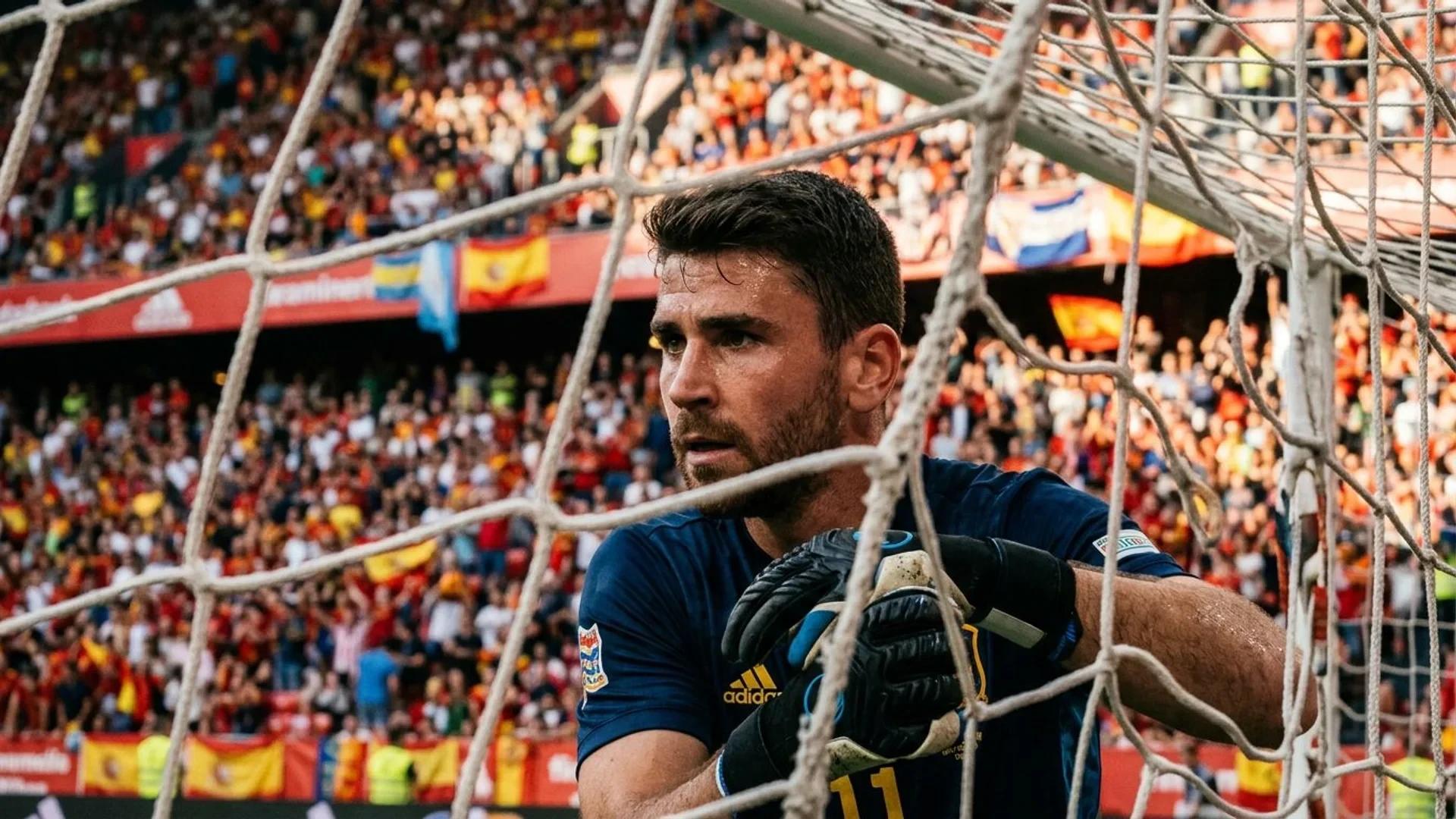 Close-up of Unai Simón's focused face through a goalpost net.