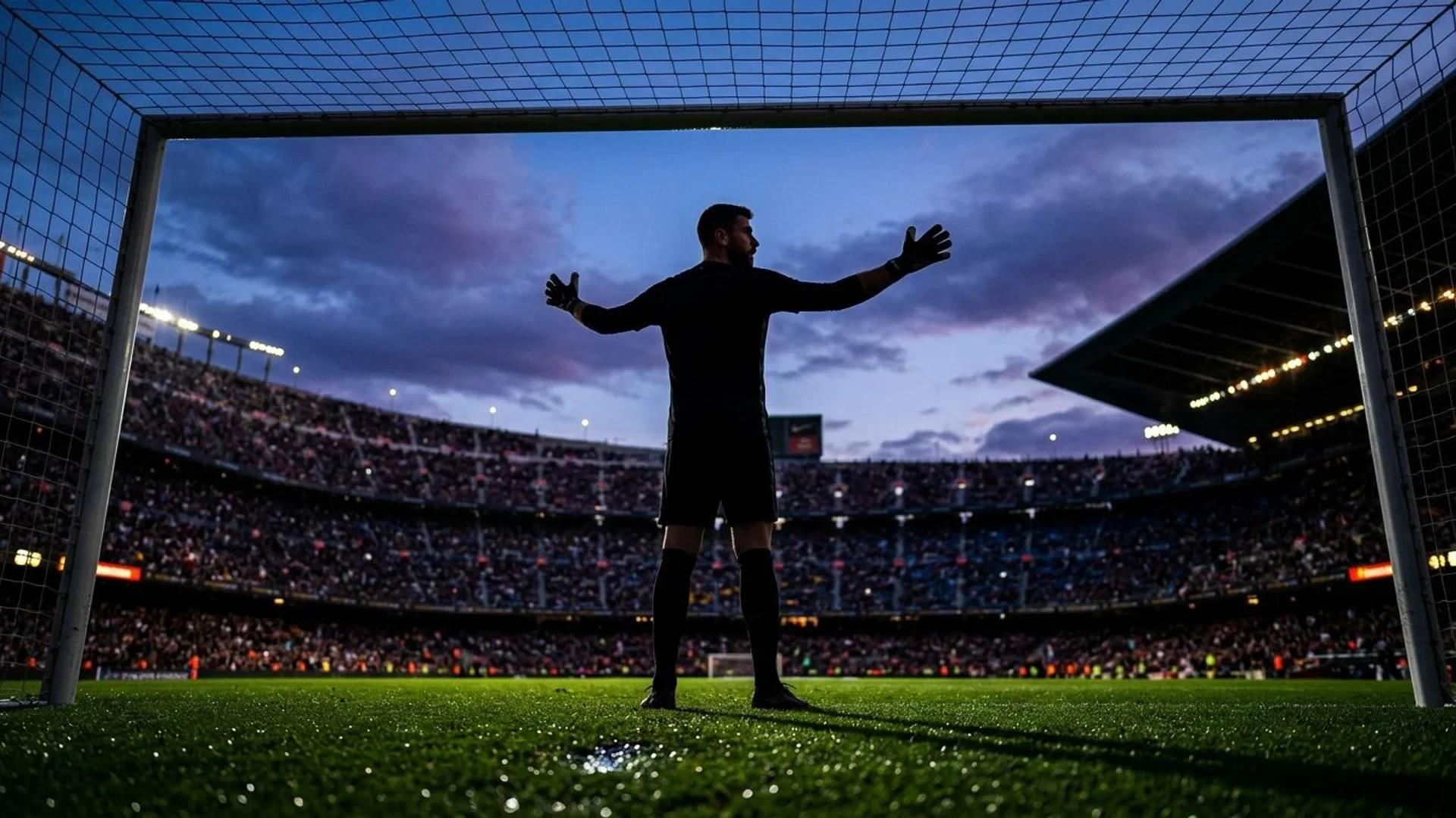 Unai Simón stands in his goal against a dusk sky.