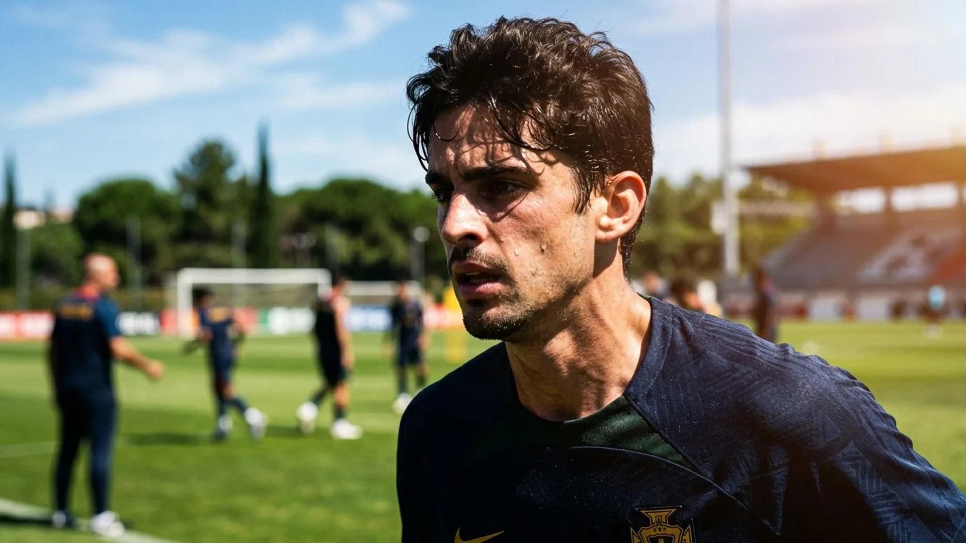 Close-up portrait of Francisco Trincão during training under harsh sunlight.